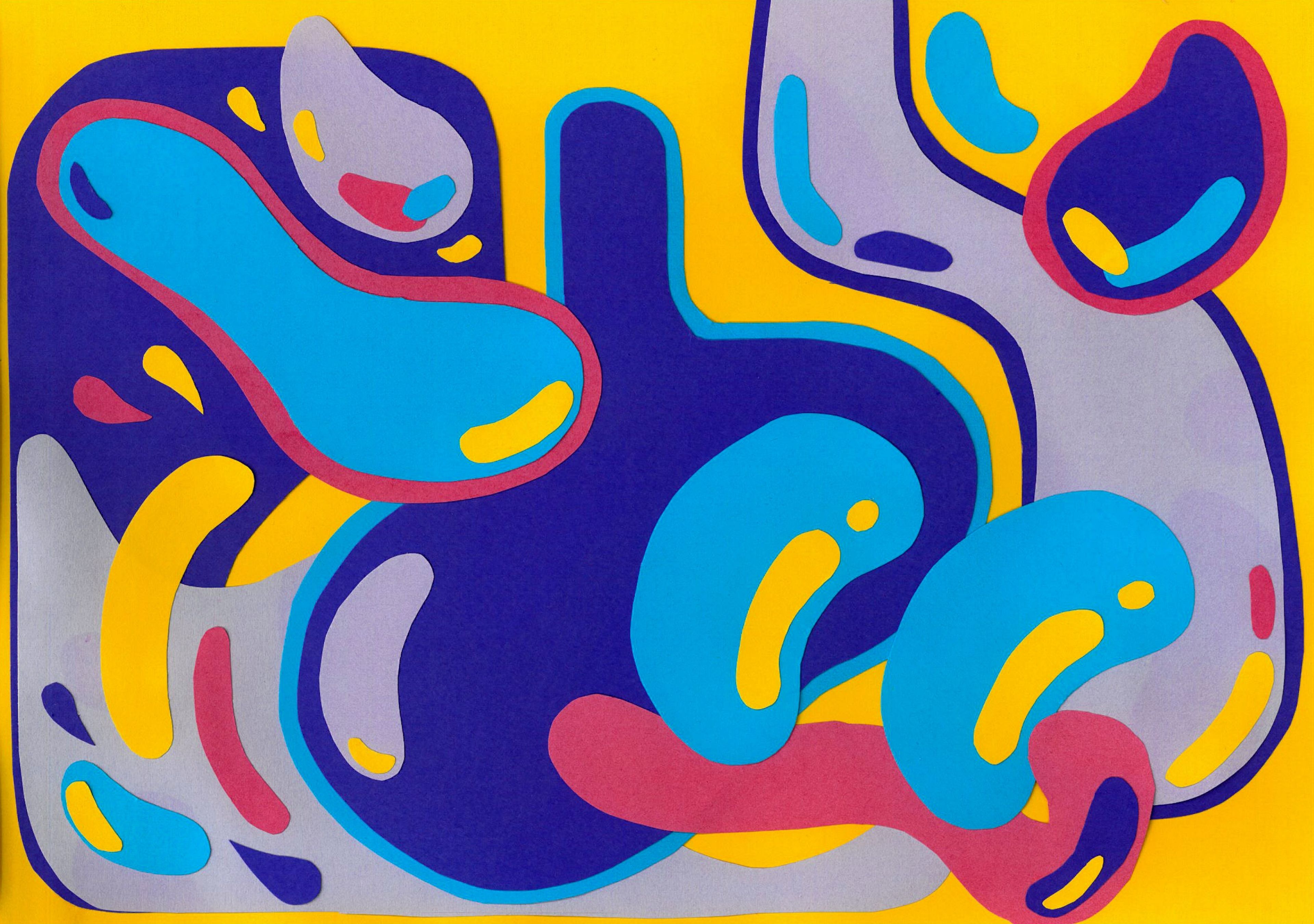 Abstract illustration with interwoven biomorphic shapes in electric blue, deep purple, and coral pink against bright yellow. The fluid, organic forms create a dynamic composition suggesting natural movement.