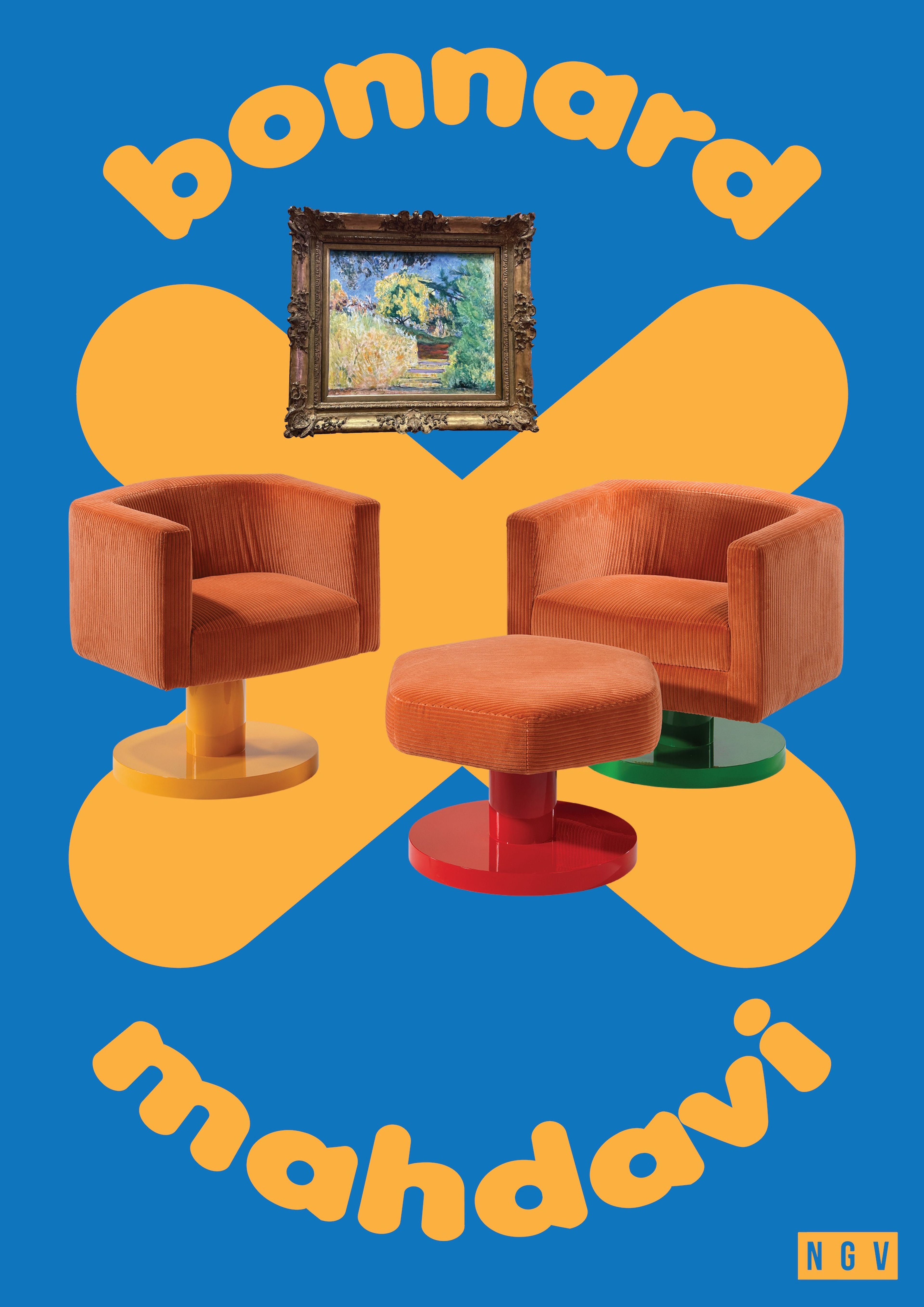 Poster design with retro furniture composition featuring coral corduroy chairs and ottoman on colourful pedestals, arranged beneath a gilded landscape painting. Playful yellow typography curves above and below, spelling 'bonnard mahdavi' against a vibrant blue backdrop."