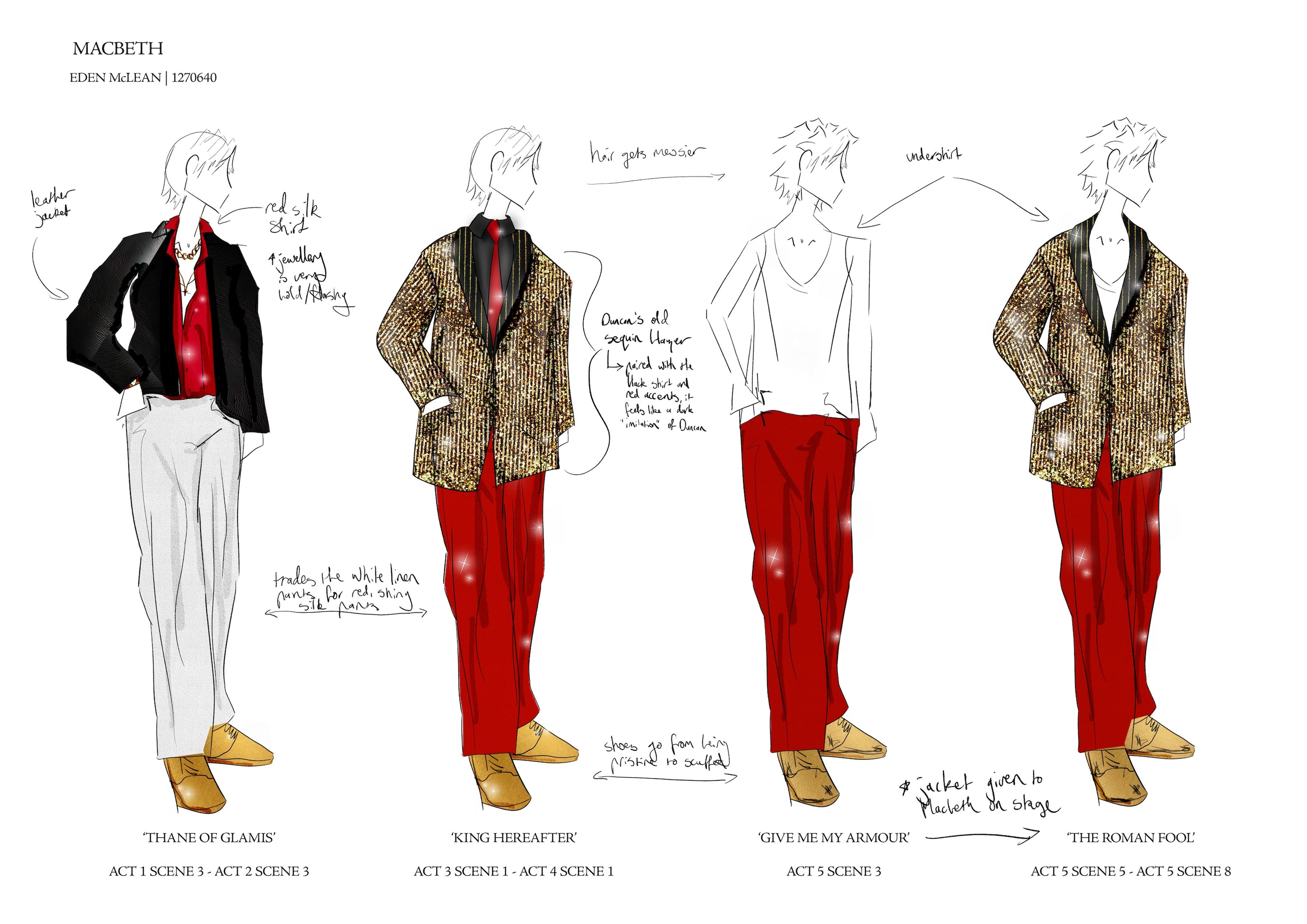 Costume illustrations for Macbeth, depicting four outfits with red and gold details, along with handwritten notes for each design.