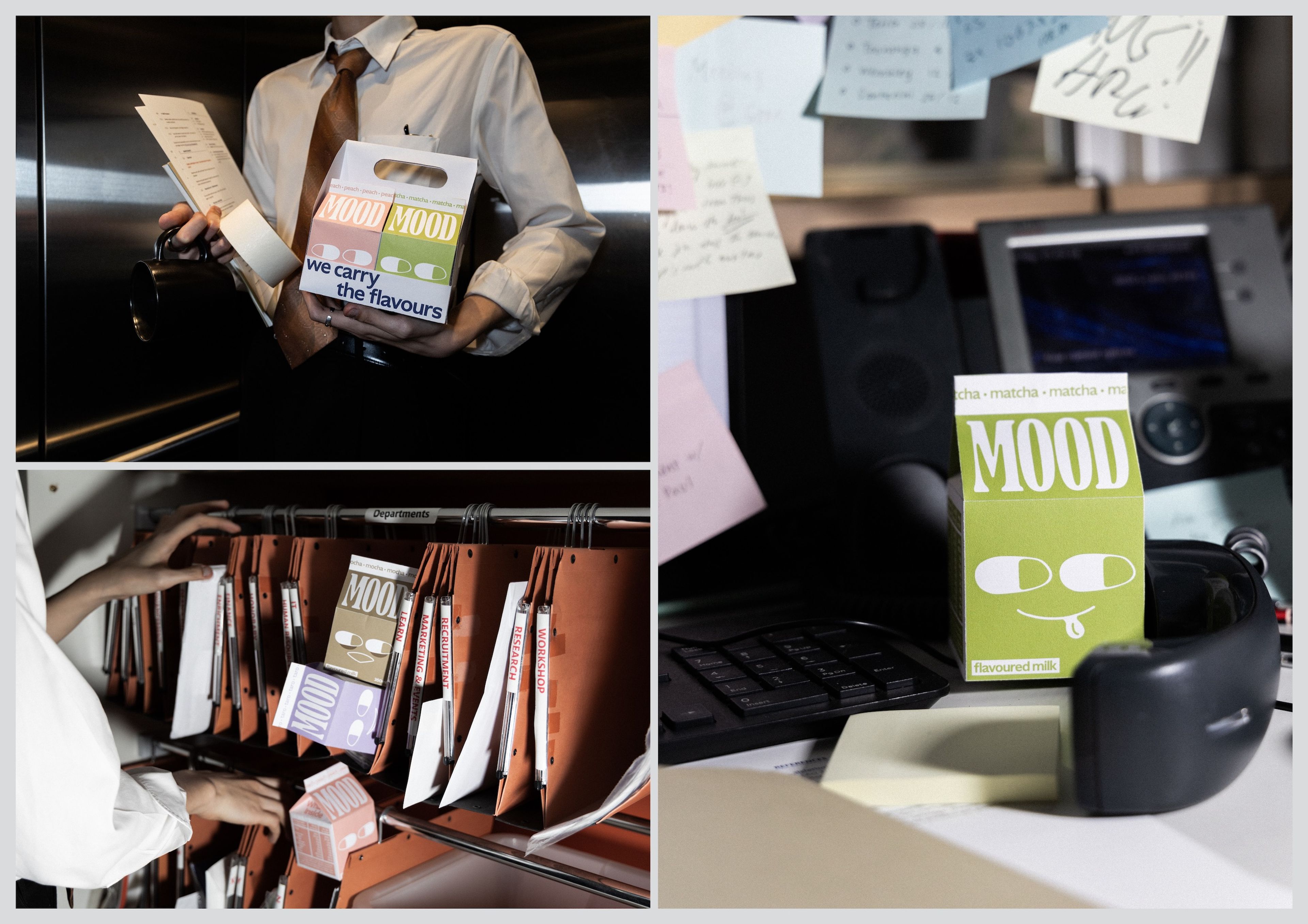 Collage of 'Mood' flavoured milk cartons in pastel colours, photographed in an office environment. Cartons featured in a six-pack, on a cluttered desk, and filed among office folders.