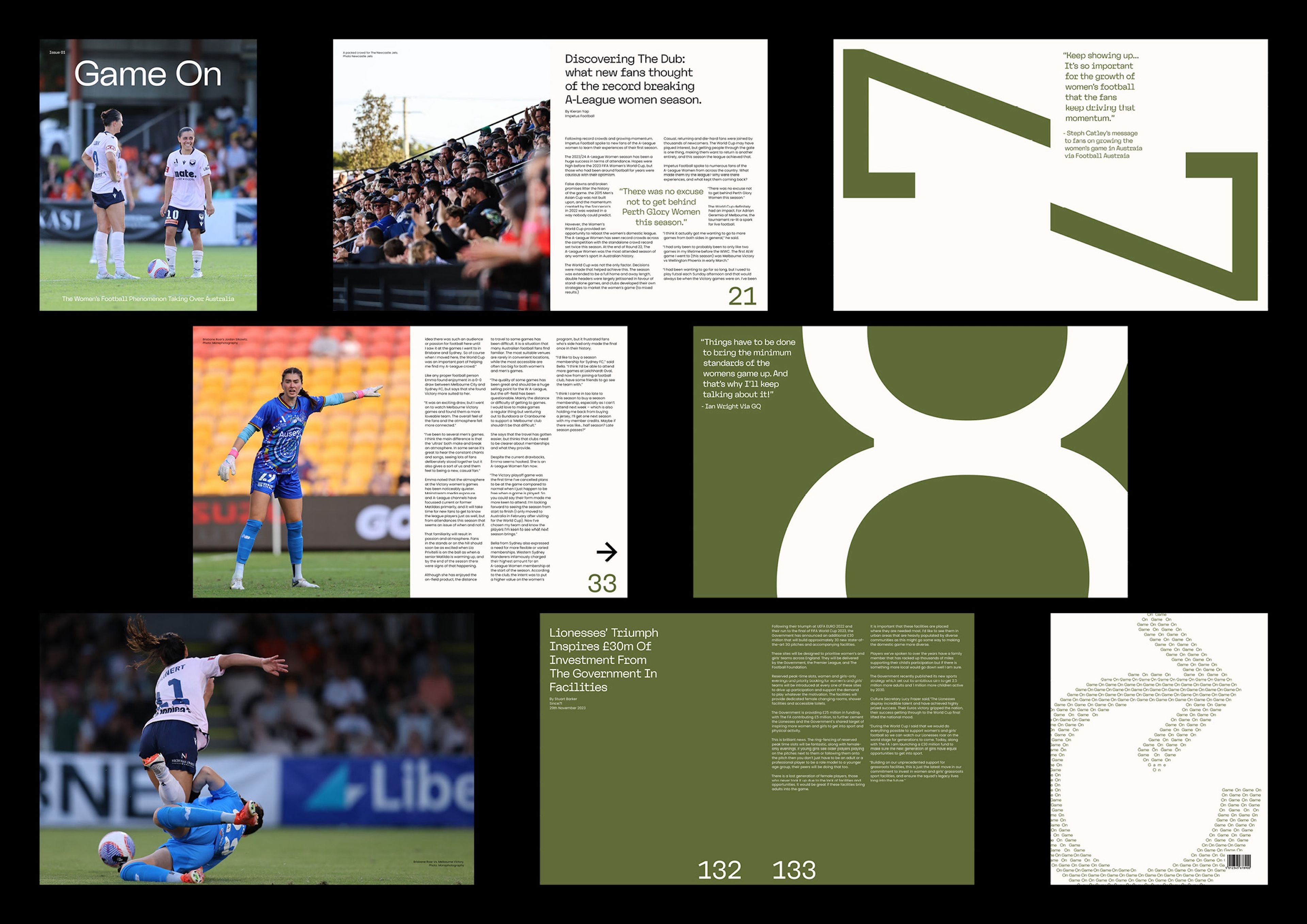 'Game On' magazine spreads about women's football, featuring various layouts with olive green accents. Pages include match photography, crowd shots, and quotes about the A-League women's season