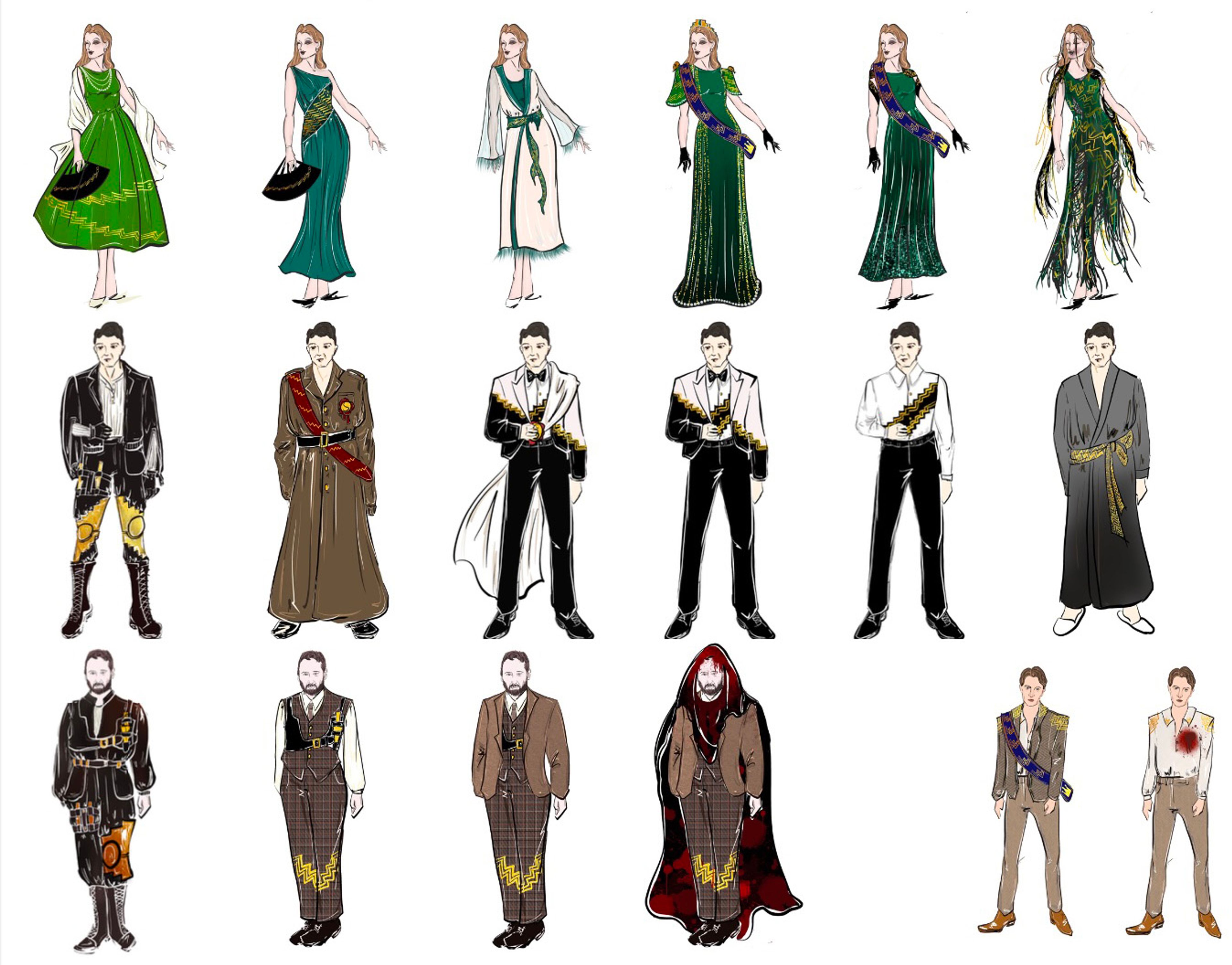 A collection of costume design renderings for characters in Macbeth