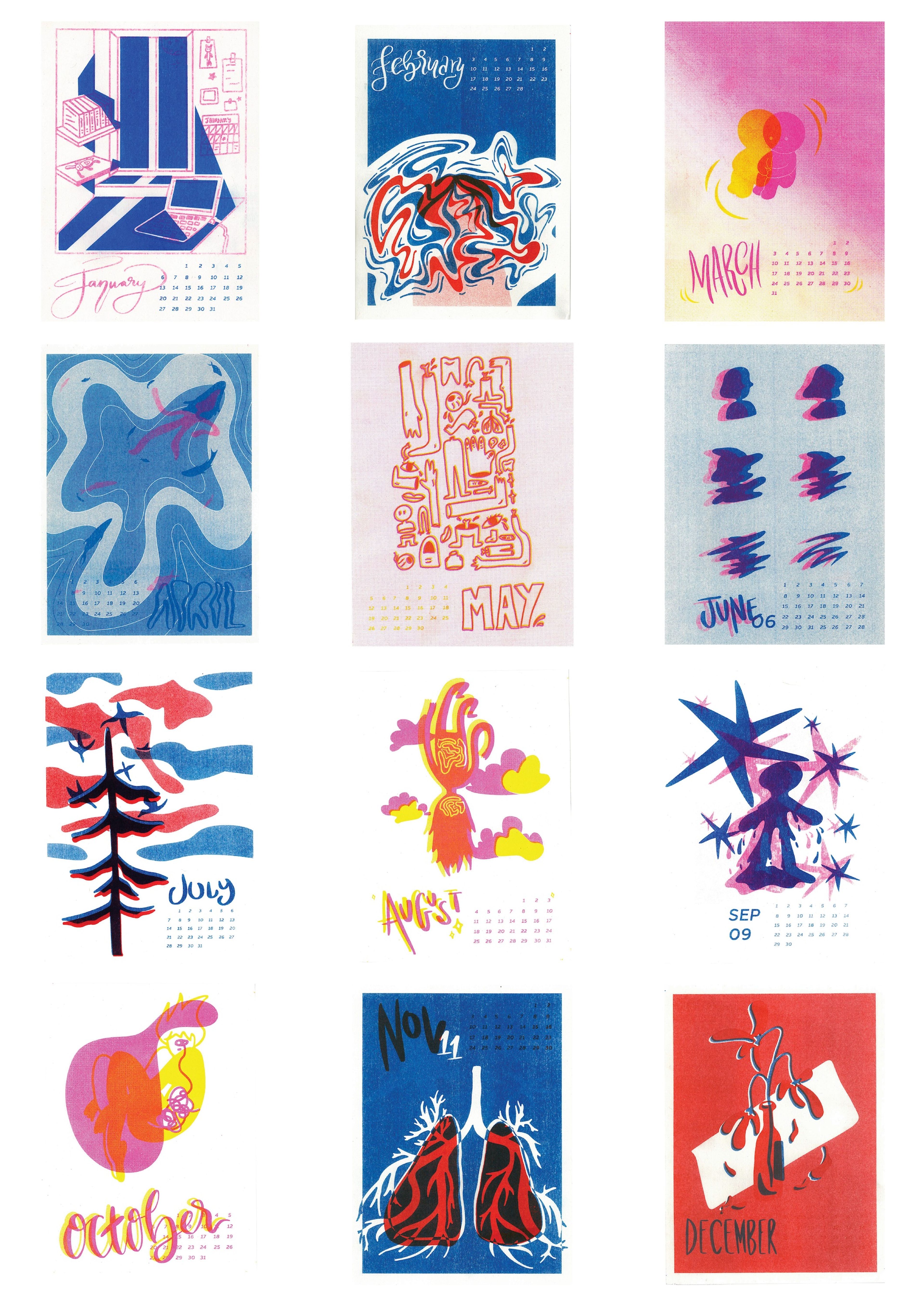 Calendar series showcasing twelve distinct illustrations, each representing a month through varied artistic approaches. Designs range from isometric drawings to fluid typography, using a cohesive palette of blues, pinks, and reds. Styles alternate between geometric precision and organic experimentation.