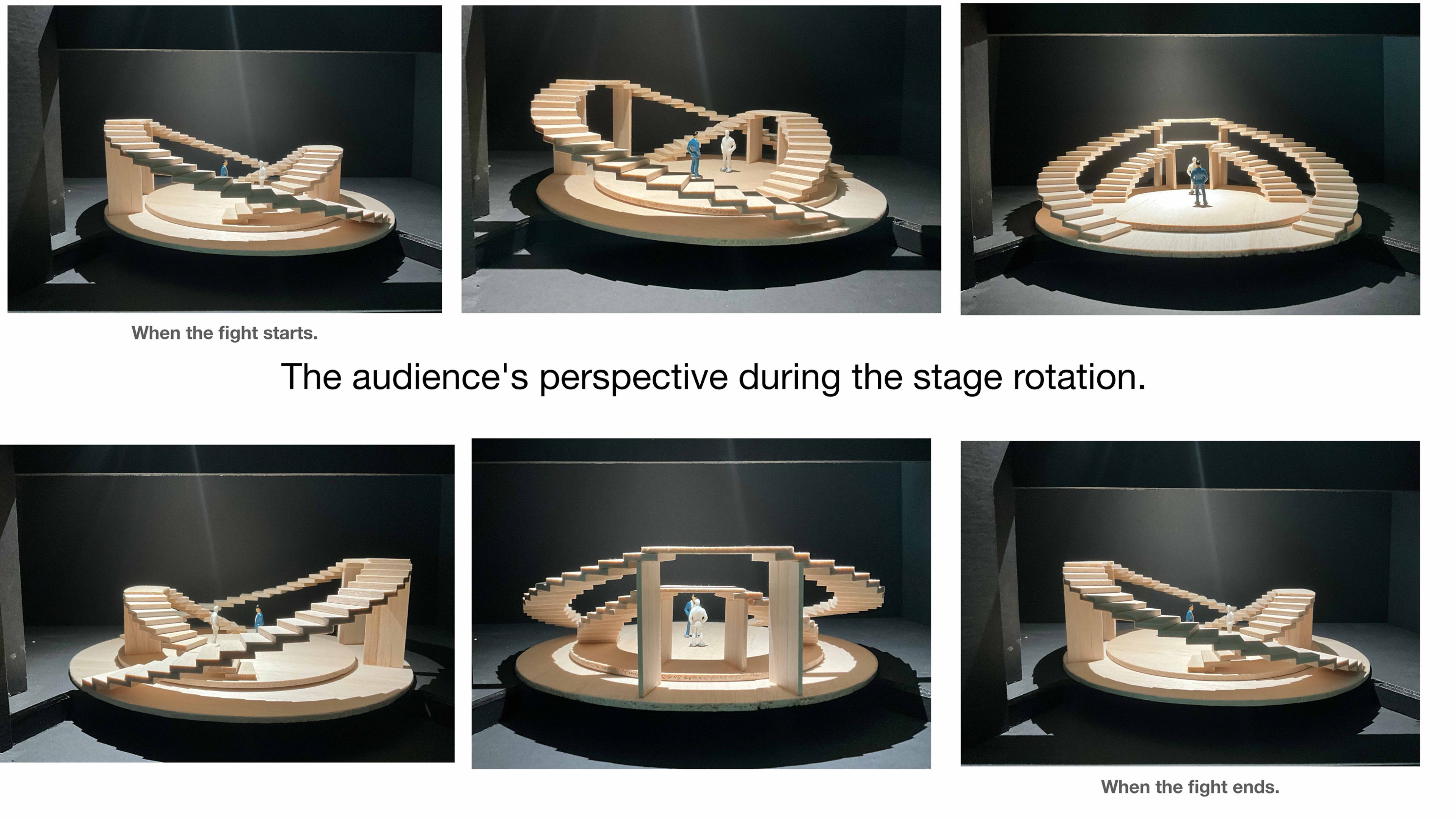 This storyboard sequence visualizes the audience's shifting perspective during a stage rotation