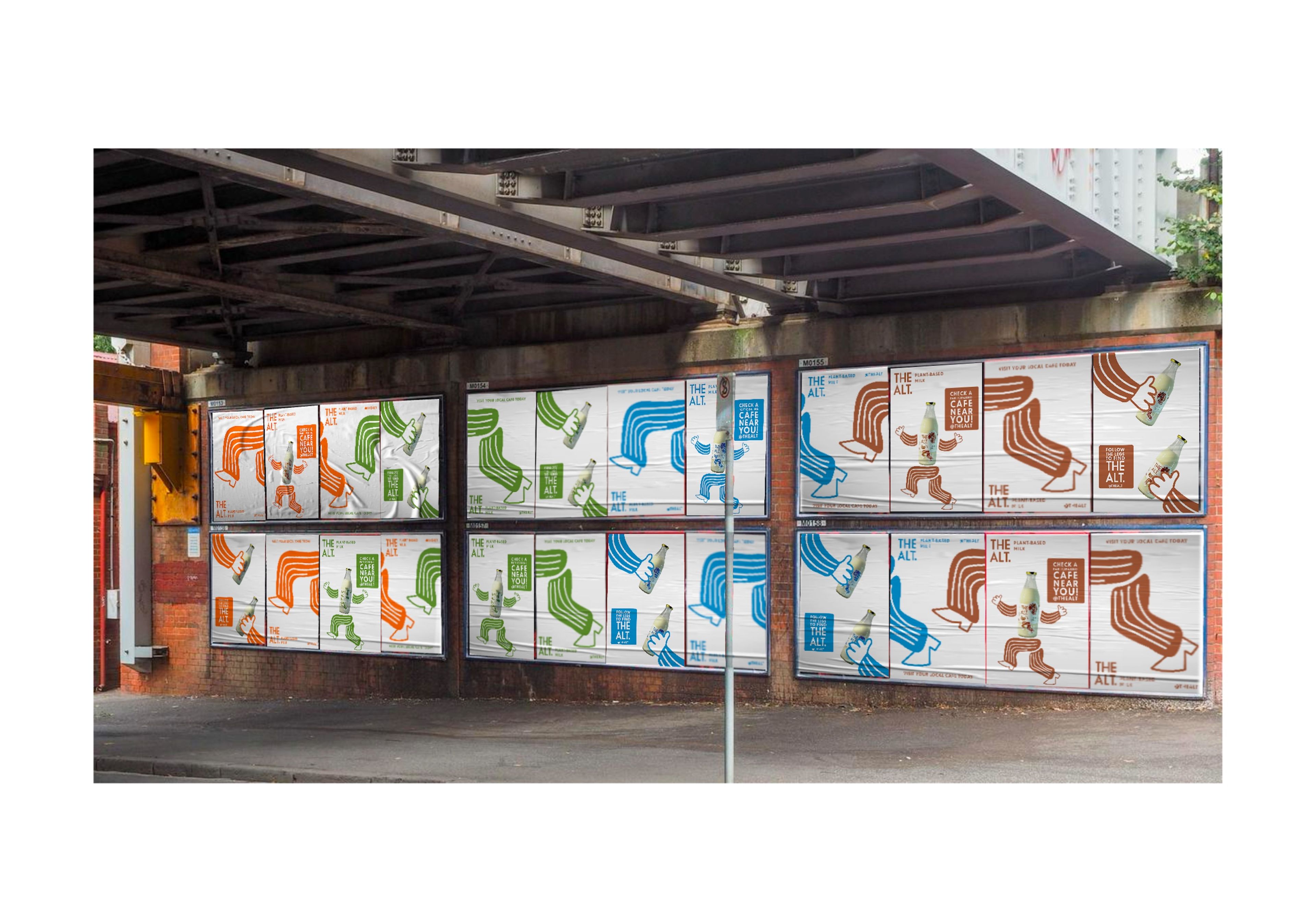 Series of street posters under a bridge featuring 'THE ALT' branding campaign. Sequential illustrations in orange, green, and blue show animated bottle characters in motion, creating a cohesive narrative across multiple panels.