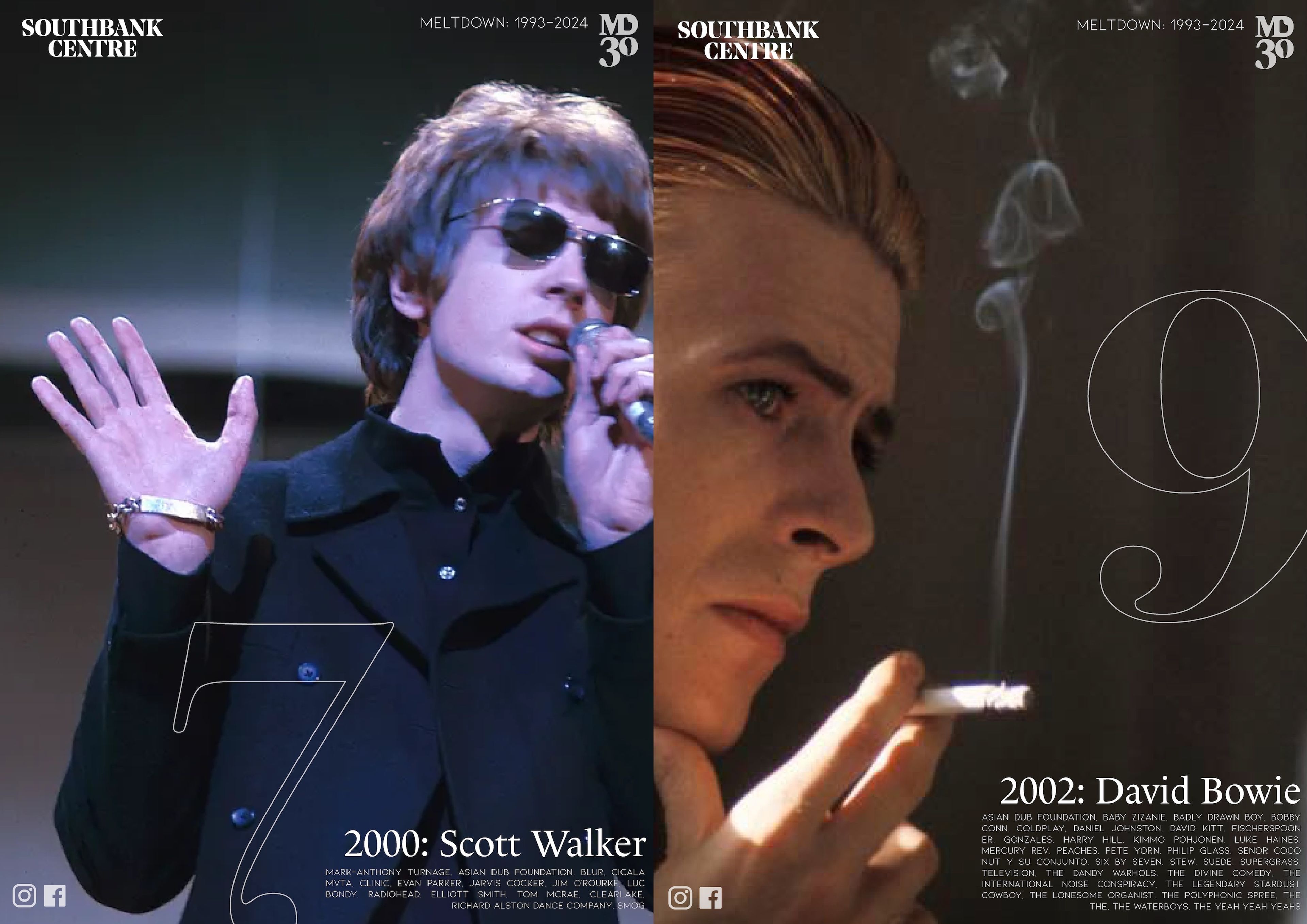 Poster series for the Southbank Centre’s “Meltdown” festival, showing split portraits of music icons Scott Walker and David Bowie. Each image is accompanied by a large, semi-transparent number indicating the year of their respective performances, with festival and artist details in a sleek, minimalist layout.