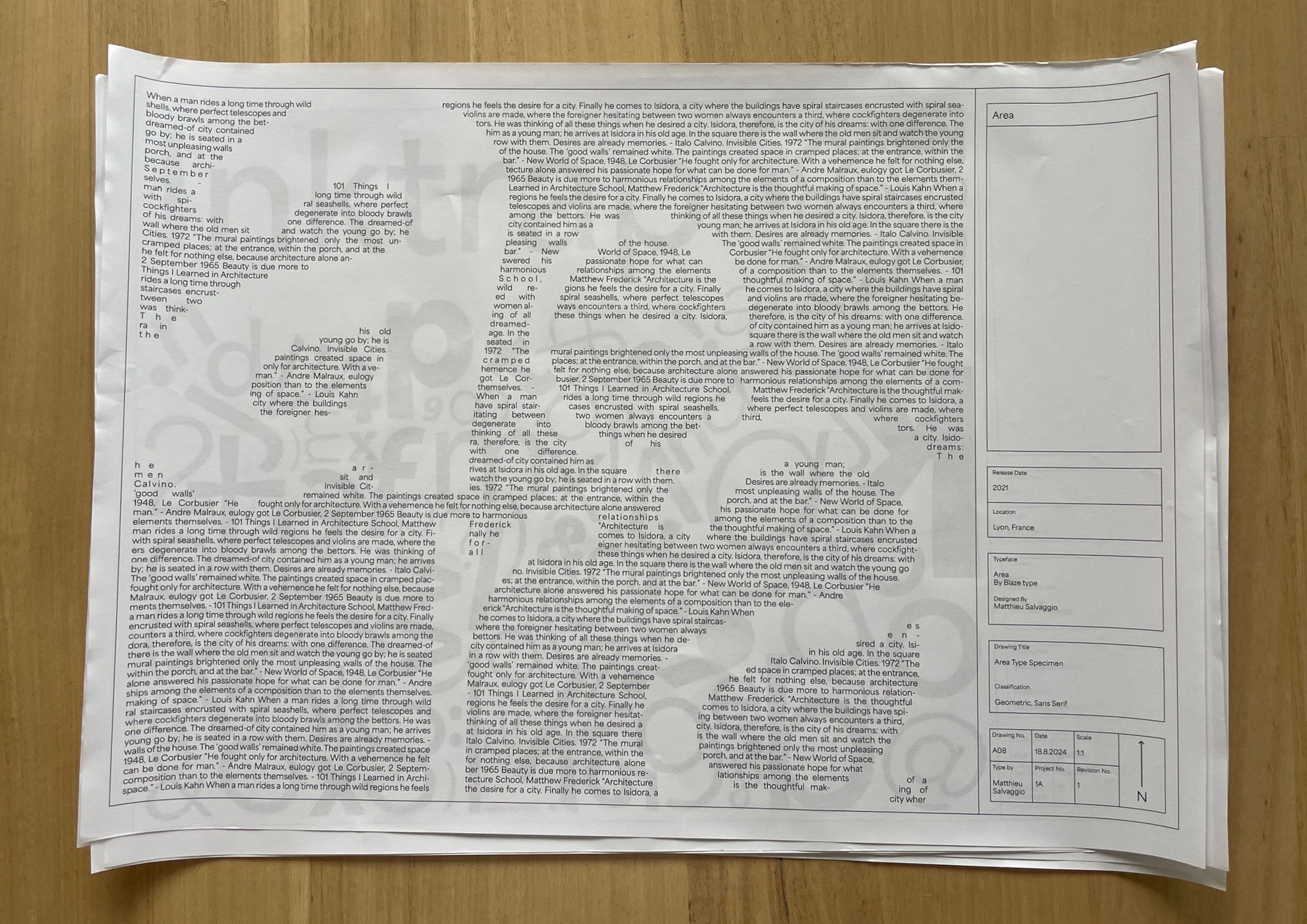 Experimental text layout on architectural drawing paper showing repeated narrative about a man visiting Isidora city. Text arranged in various geometric patterns and flows, with technical drawing borders and information fields.