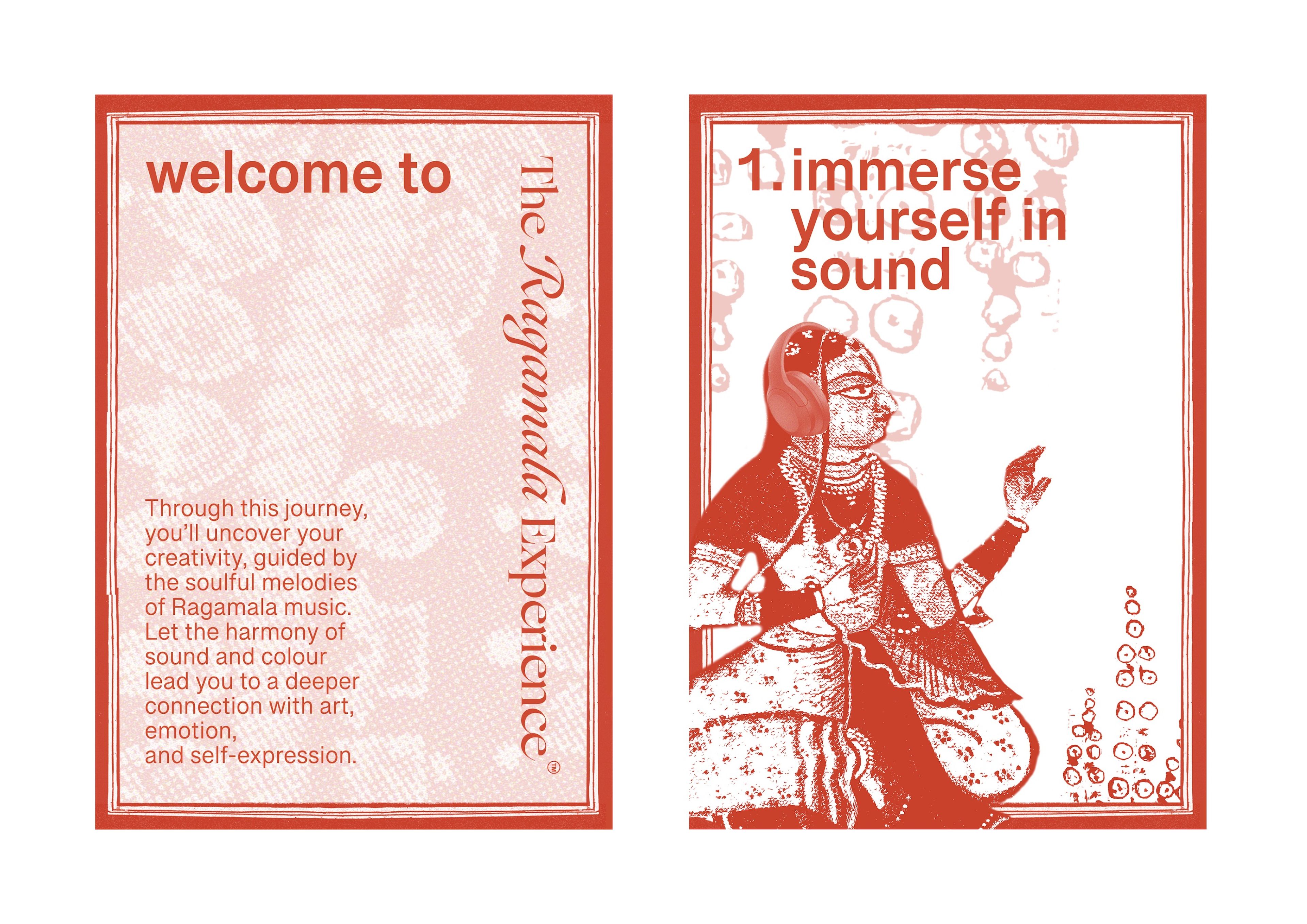 Two-page spread for 'The Ragamala Experience' in monochromatic red. Left page contains welcome text about a musical journey, while right page shows illustration of classical Indian performer with text '1. immerse yourself in sound'. Design incorporates traditional Indian artistic elements with modern typography.