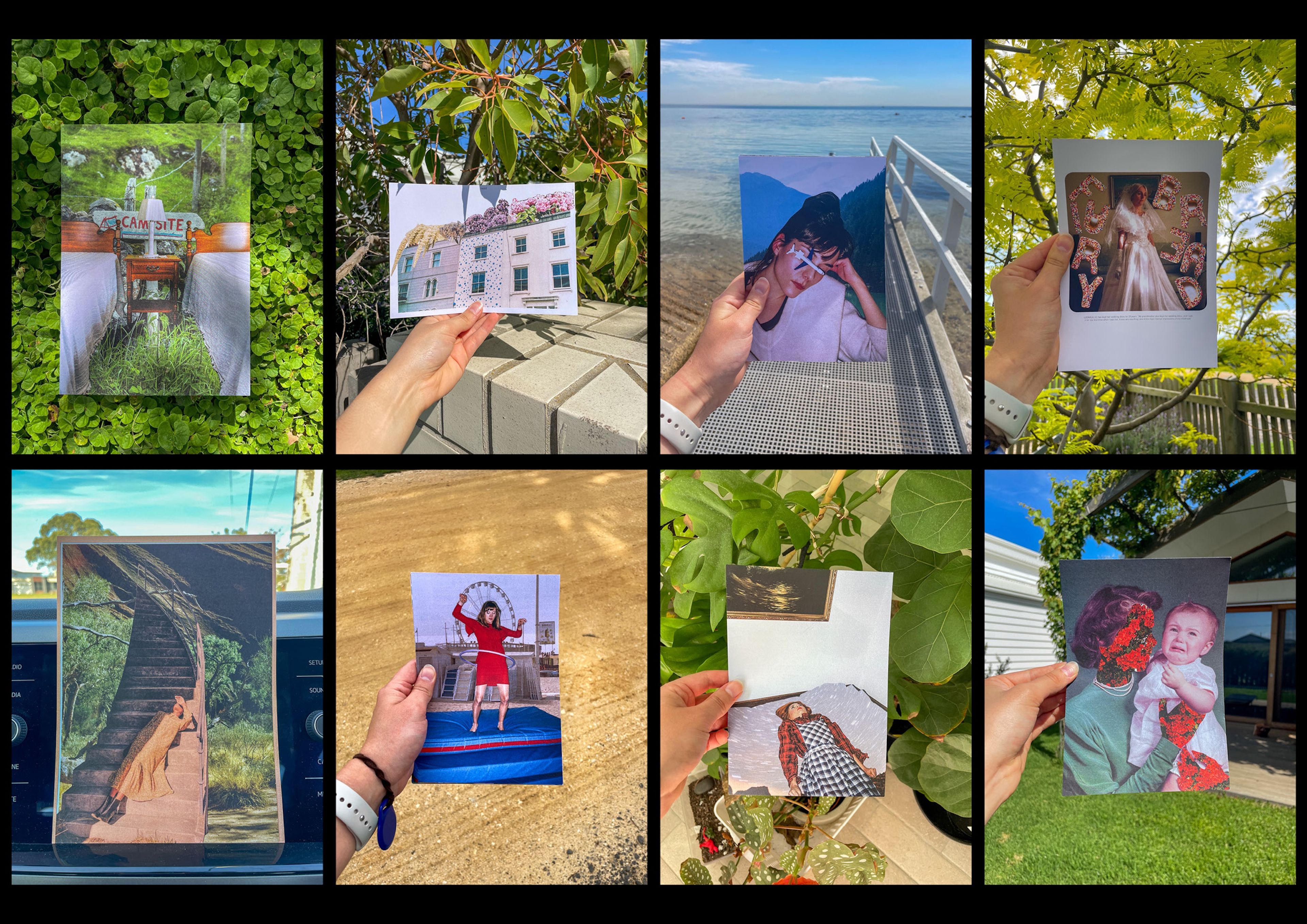 Grid of eight photographs showing hands holding printed photos against various backgrounds. Each image creates a scene-within-scene effect: campsite entrance amid clovers, pink building against foliage, figure in mountain scenery, wedding portrait, wooden boardwalk, woman in red dress on trampoline, person in checkered dress, and child portrait.