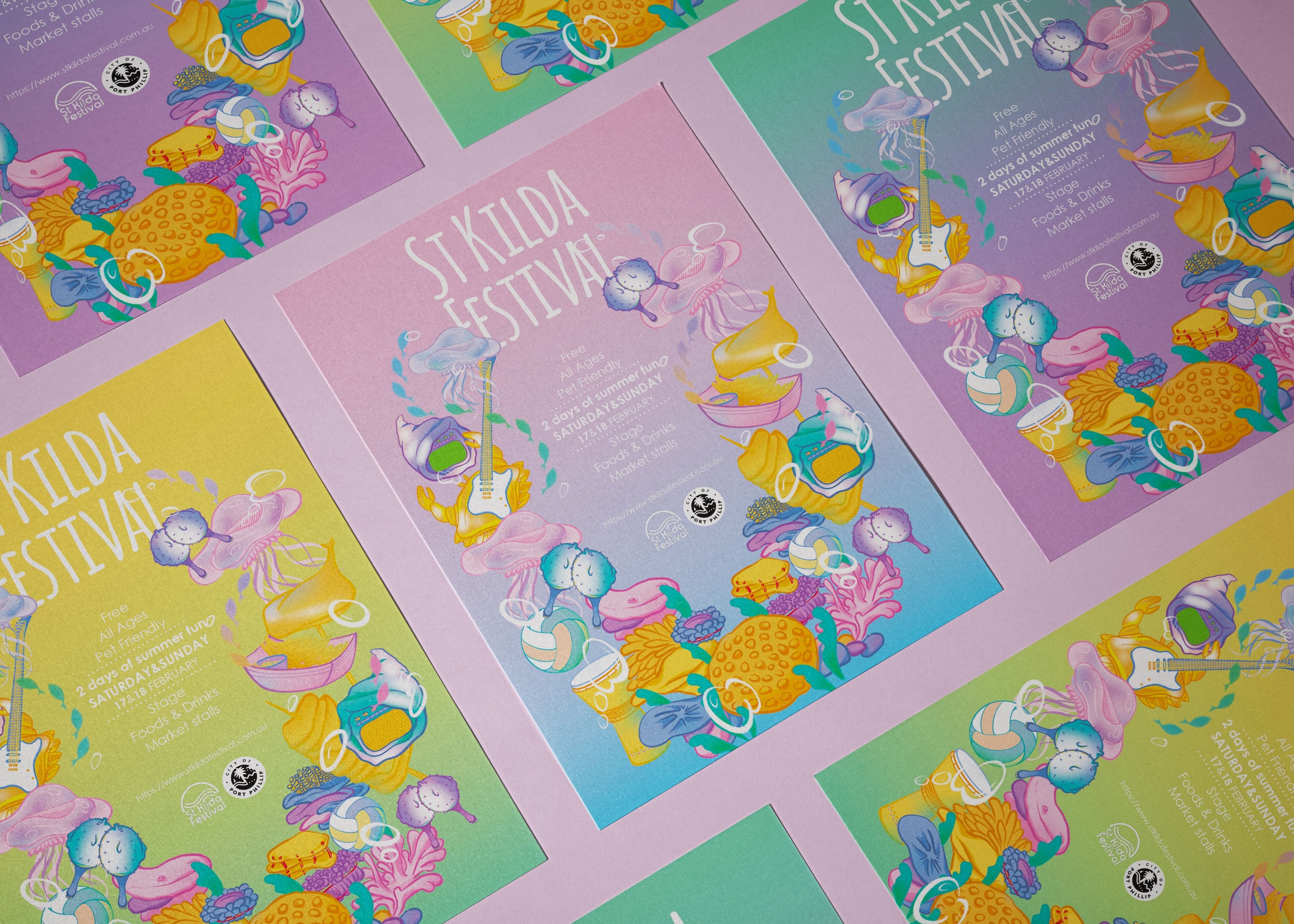 St Kilda Festival posters featuring whimsical illustrations in pastel colour palette. Playful characters and food elements float across gradient backgrounds in yellow, pink, and mint green, unified by consistent design style.