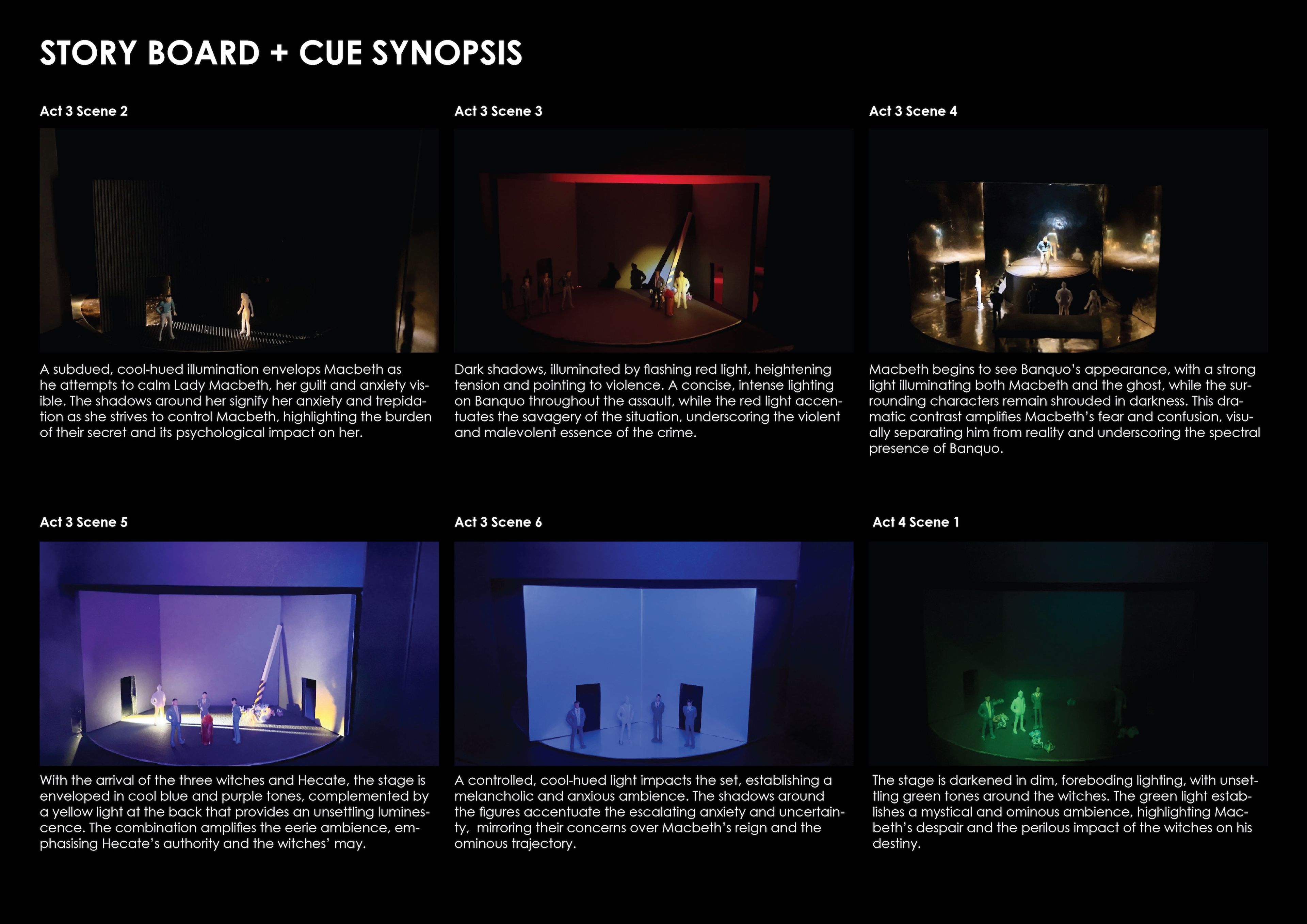 Storyboard for Act 3, depicting set models with red and cool lighting to express intensity and suspense in character interactions and atmosphere.