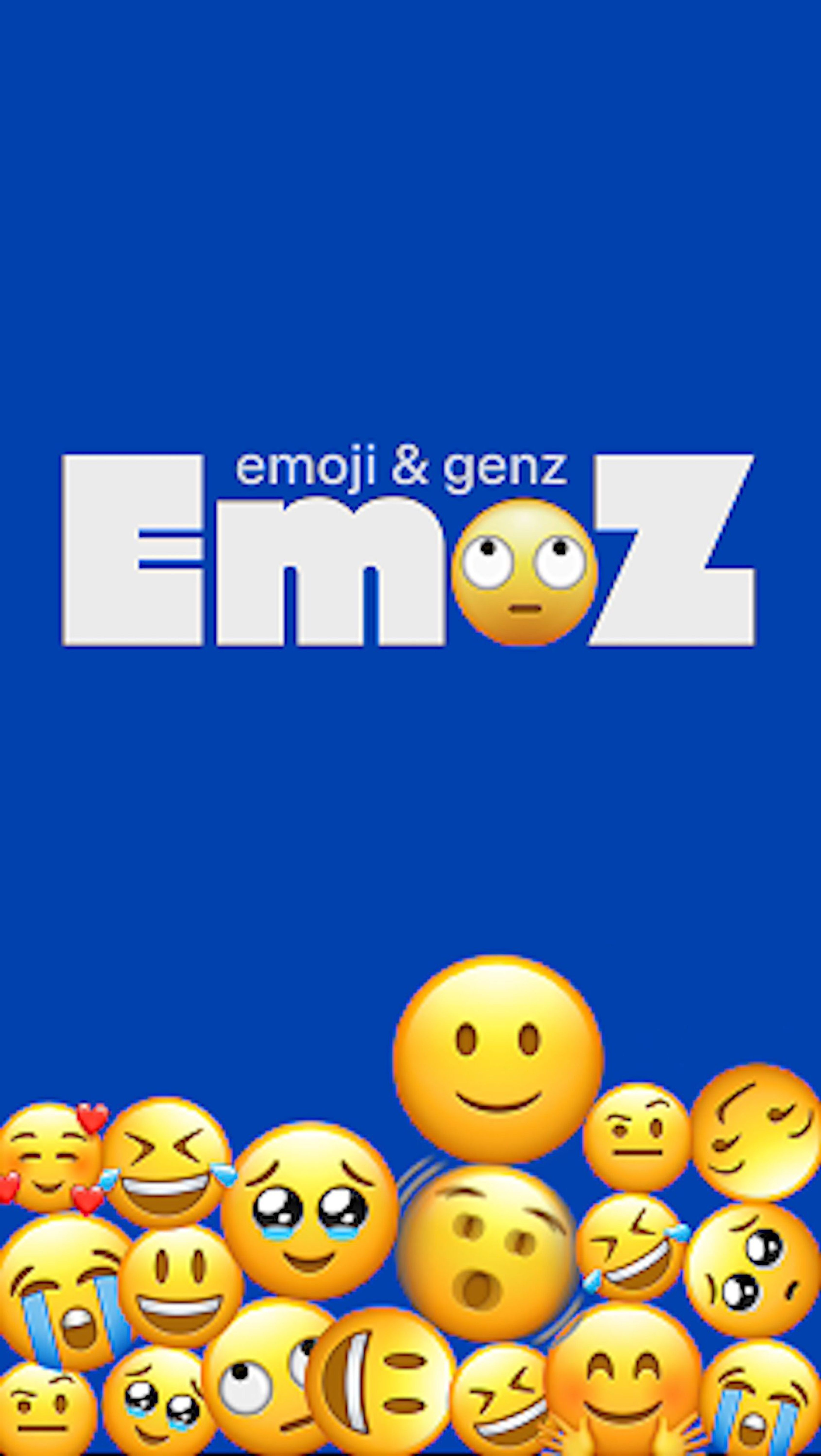 Bright blue background with 'EmoZ - emoji & genz' text. A mix of emoji faces are clustered at the bottom, expressing various emotions.