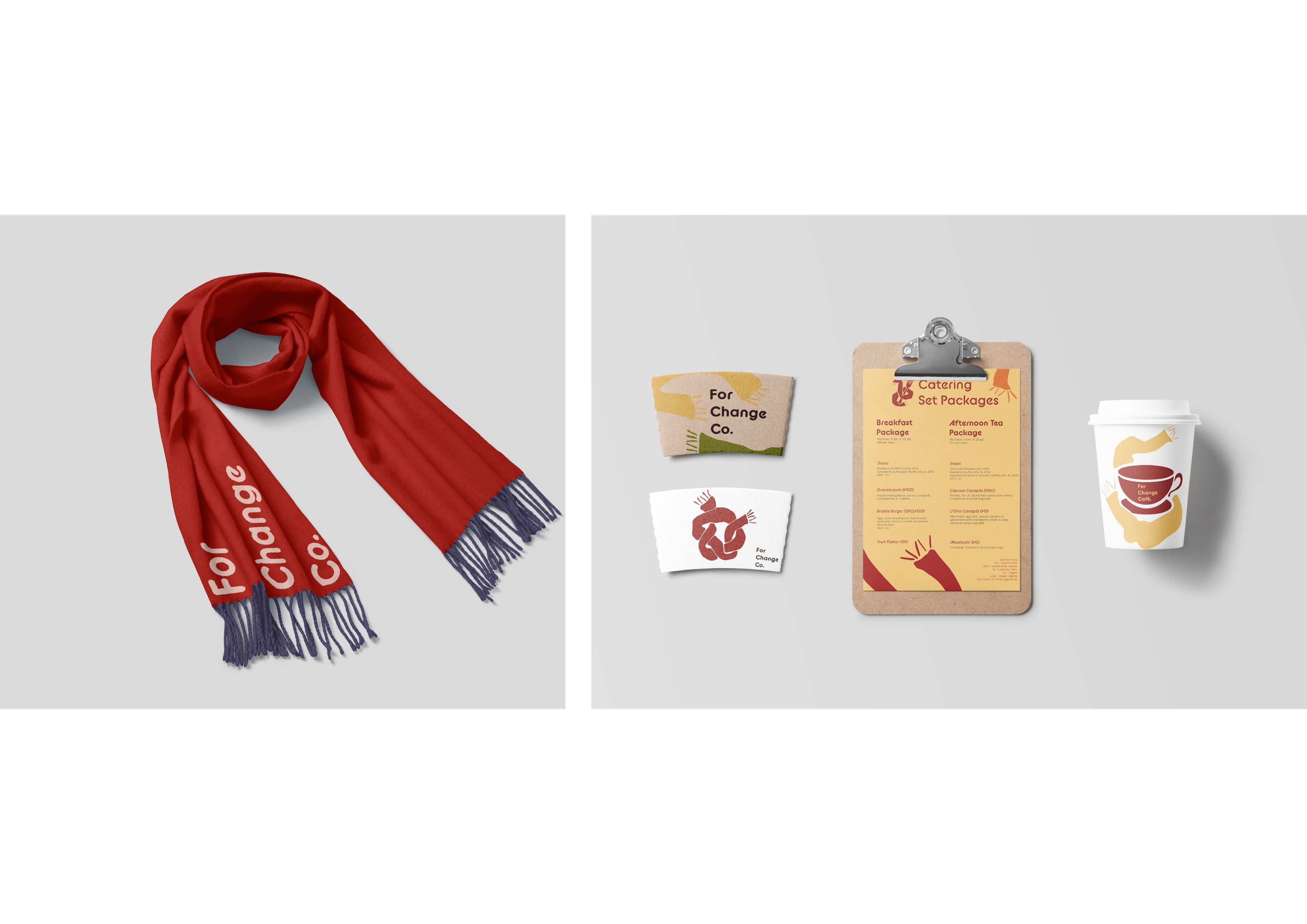 Brand identity design for 'For Change Co.' including red winter scarf with white typography, menu design on clipboard, business cards and takeaway cup. Warm colour palette of red and yellow unifies materials.