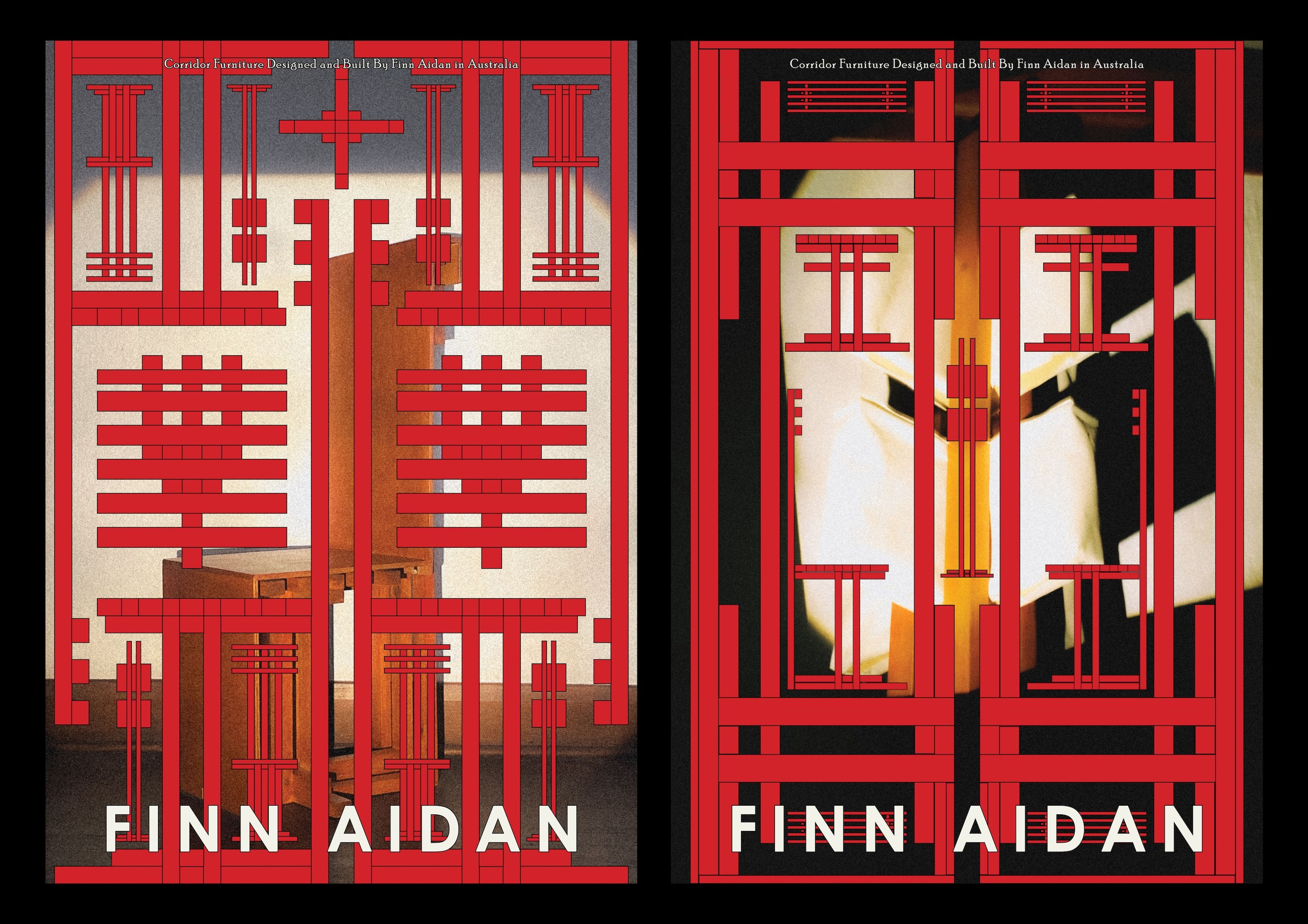 Two poster designs with the title "FINN AIDAN" displayed at the bottom, featuring a structured red lattice design overlay. The left poster shows a wooden chair visible through the lattice, while the right poster has a partially obscured abstract background.