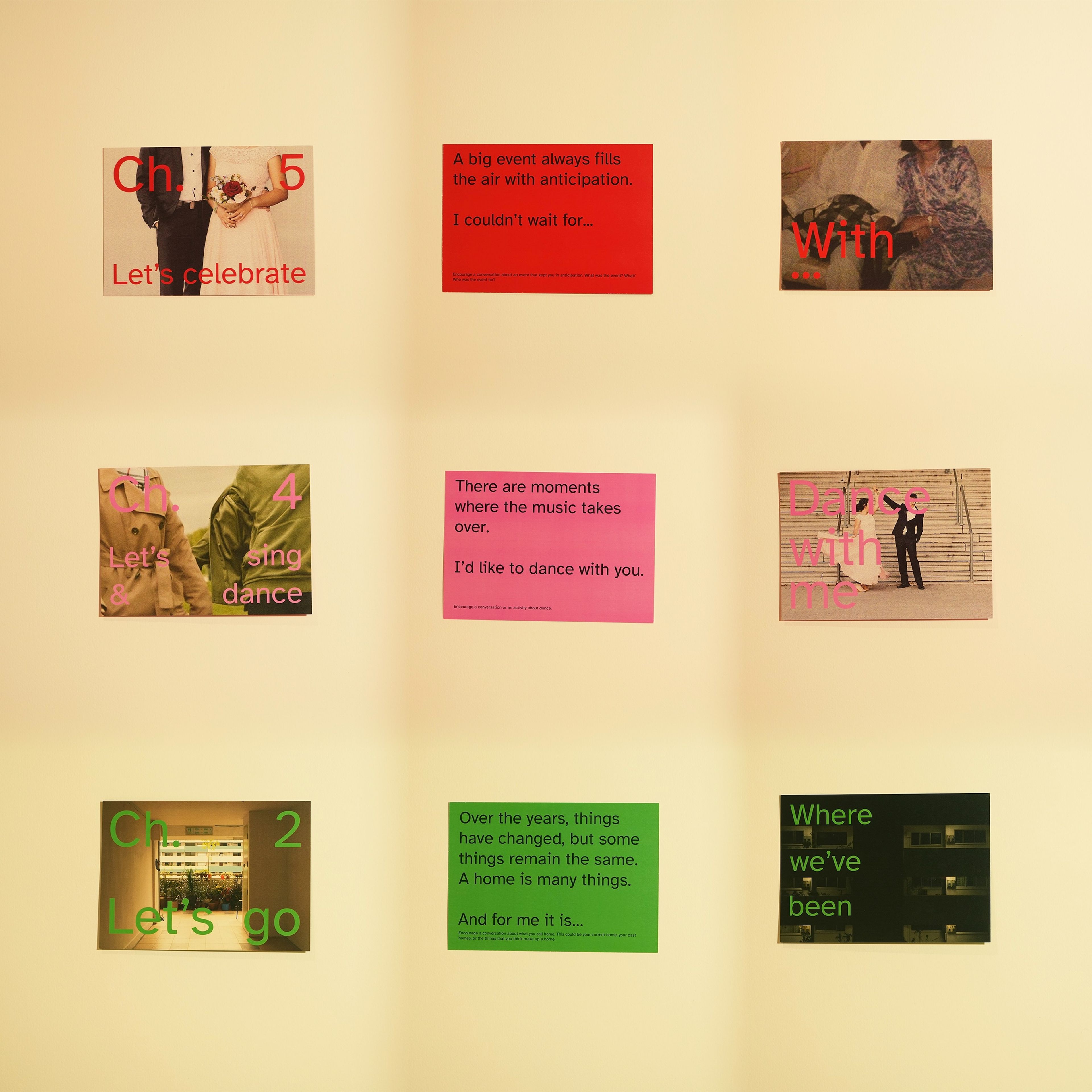 Grid of nine cards arranged against cream background, progressing through chapters with different colour schemes - red, pink, and green. Each row contains a photo card, text card with reflection, and photo card. Images suggest themes of celebration, dance, and home.