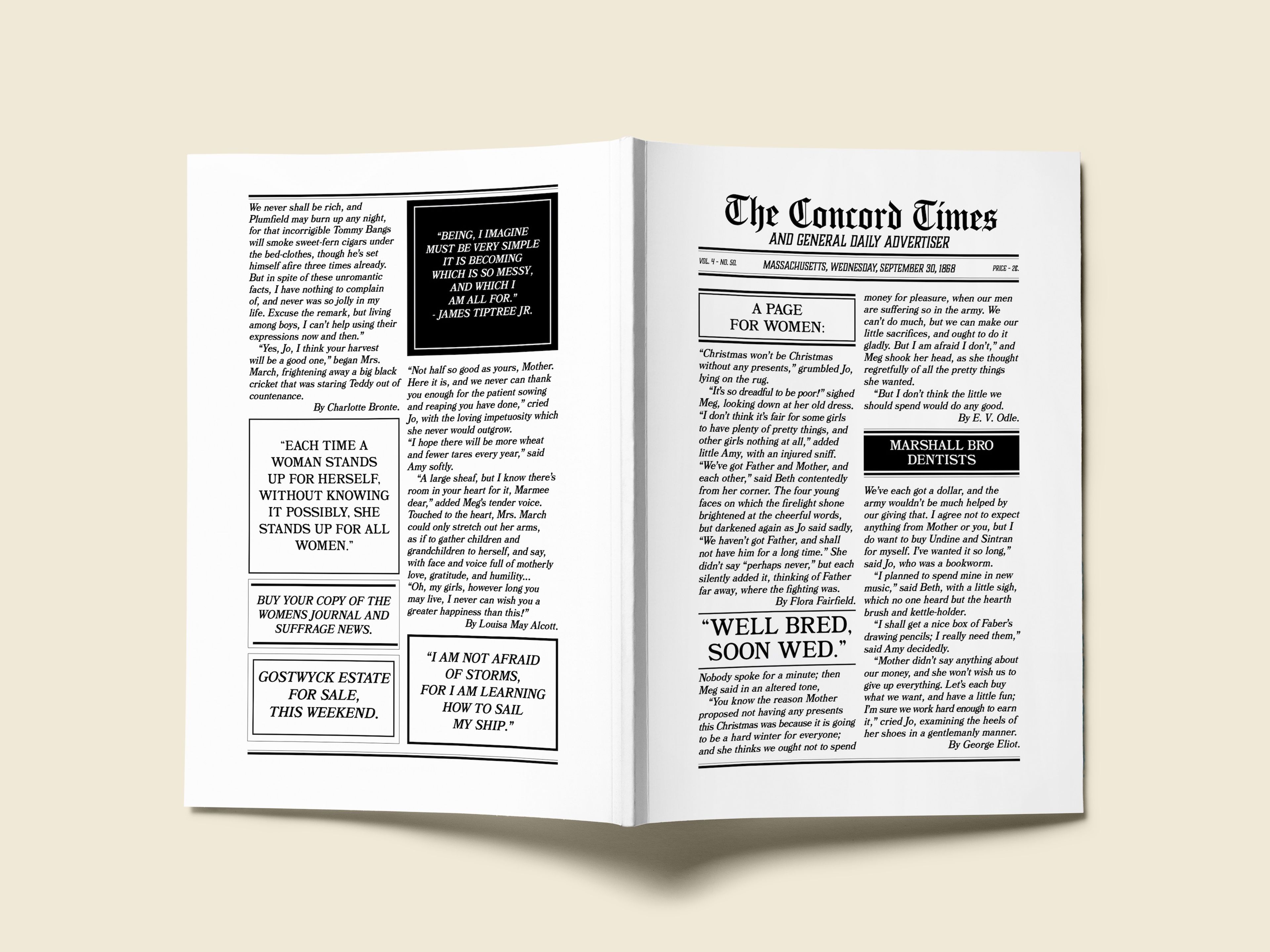 An open A5 magazine spread designed to resemble a vintage newspaper layout, titled "The Concord Times." The pages are filled with various typographic boxes, quotes, and article snippets, including a section labelled "A Page for Women" with excerpts from classic literature and quotes from figures like Charlotte Bronte and Louisa May Alcott.