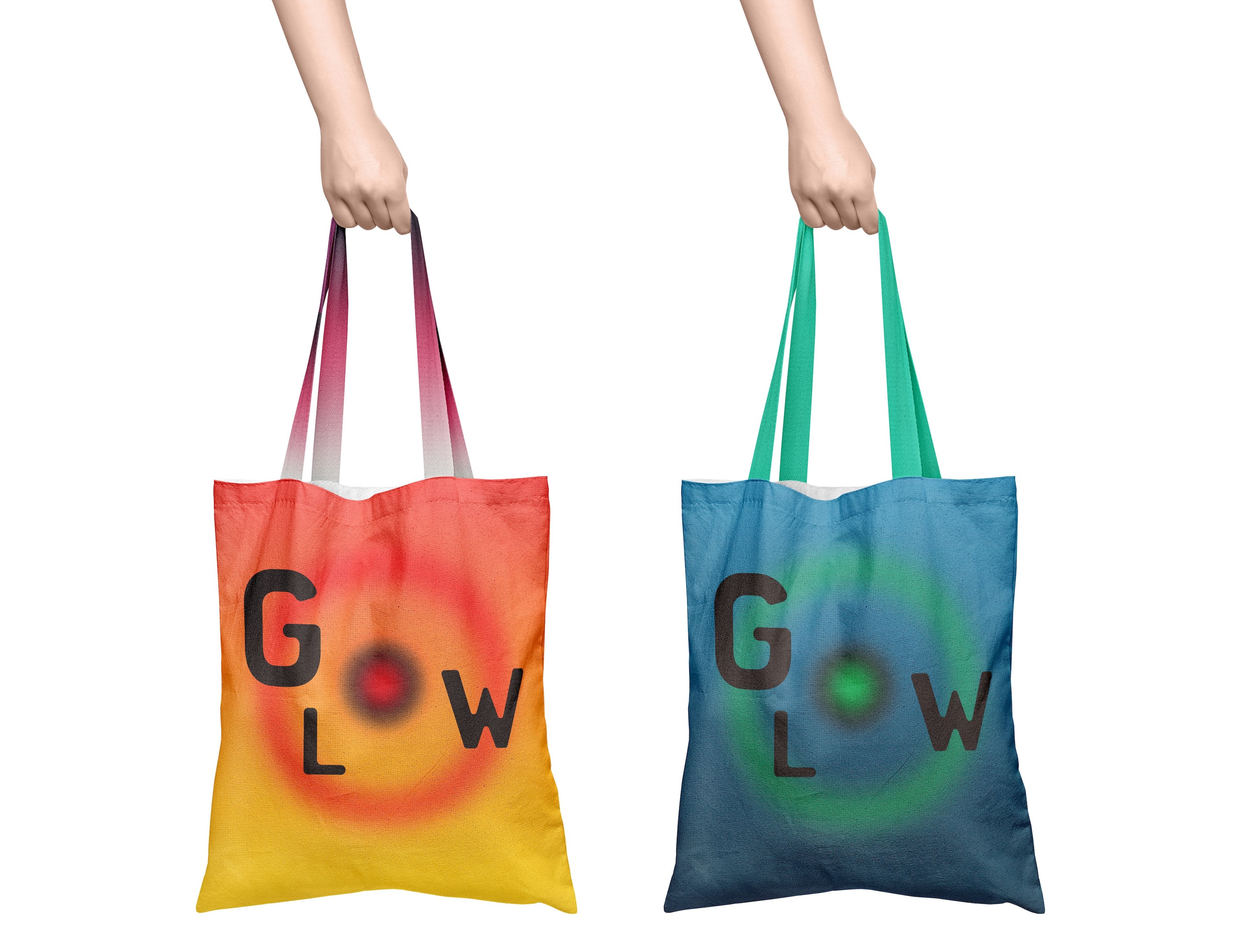 Two tote bags held by hands, one in a gradient of red and orange, and the other in blue and green. Both bags display the word 'GLOW' in bold black letters, with a circular gradient around the letter 'O,' giving a radiant effect.