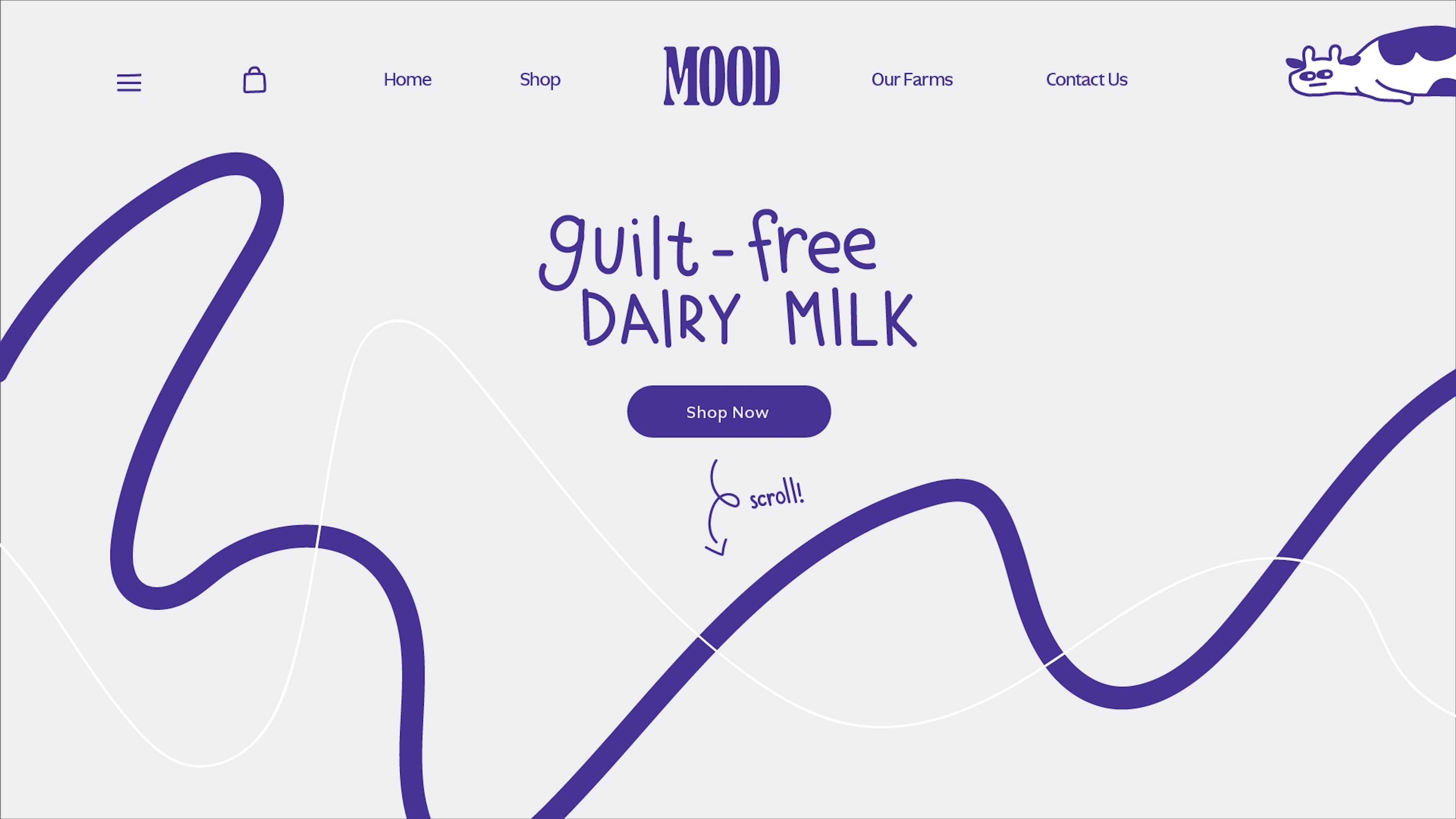 Landing page of the MOOD dairy website, promoting 'guilt-free dairy milk' with a minimalist, playful design. Wavy purple lines guide the user down the page with a 'shop now' button as the focal point.