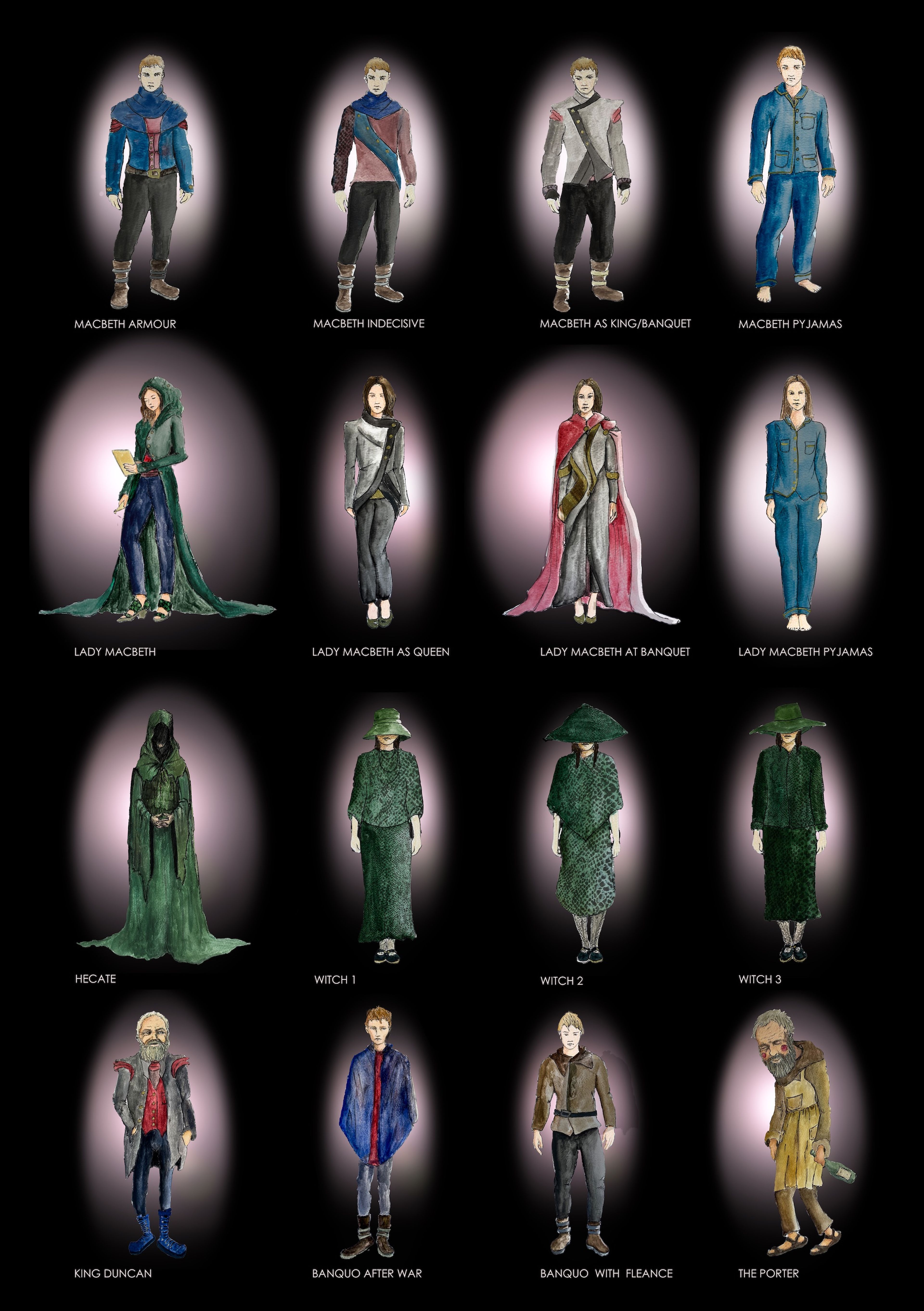 Collection of costume illustrations for various characters, including Macbeth, Lady Macbeth, and the Witches, each with individual outfits and labels.