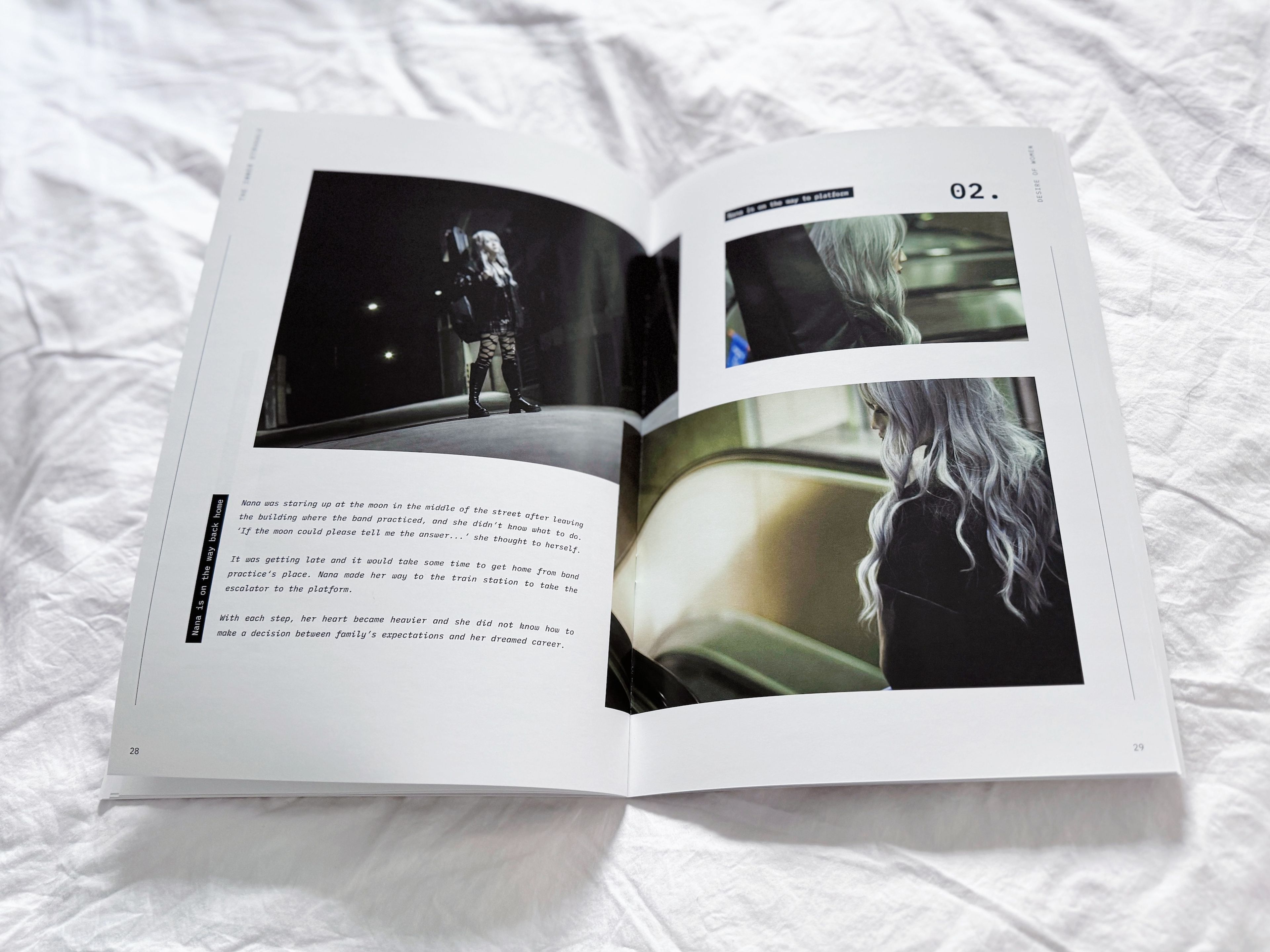 An open spread from the photo story book 'Desire of Women,' displaying images of a woman with long silver hair in various city scenes, accompanied by narrative text about her inner thoughts and journey.