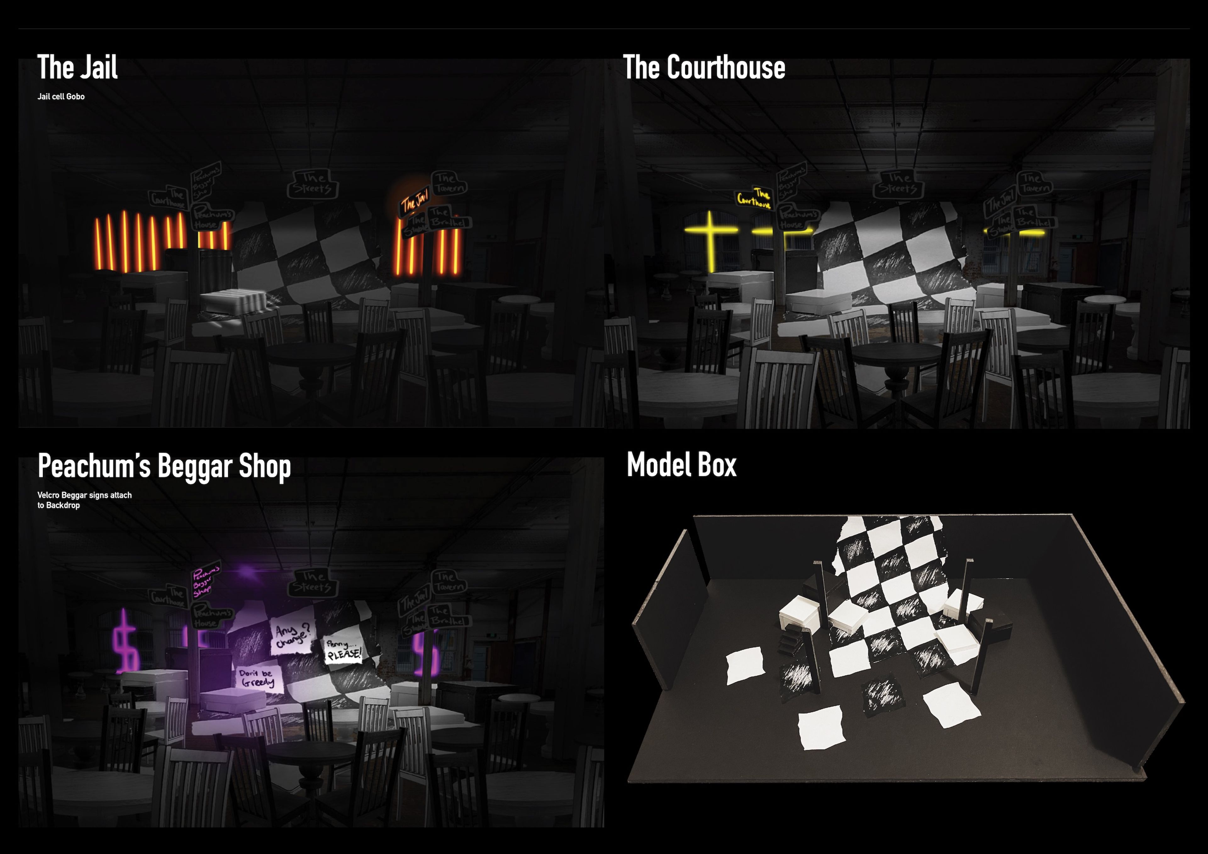 Four-panel digital collage showing different settings in a model box for a play. Each setting is titled: "The Jail," "The Courthouse," "Peachum's Beggar Shop," and "Model Box." Different neon colours represent each setting, with black and white checkered patterns in the background.