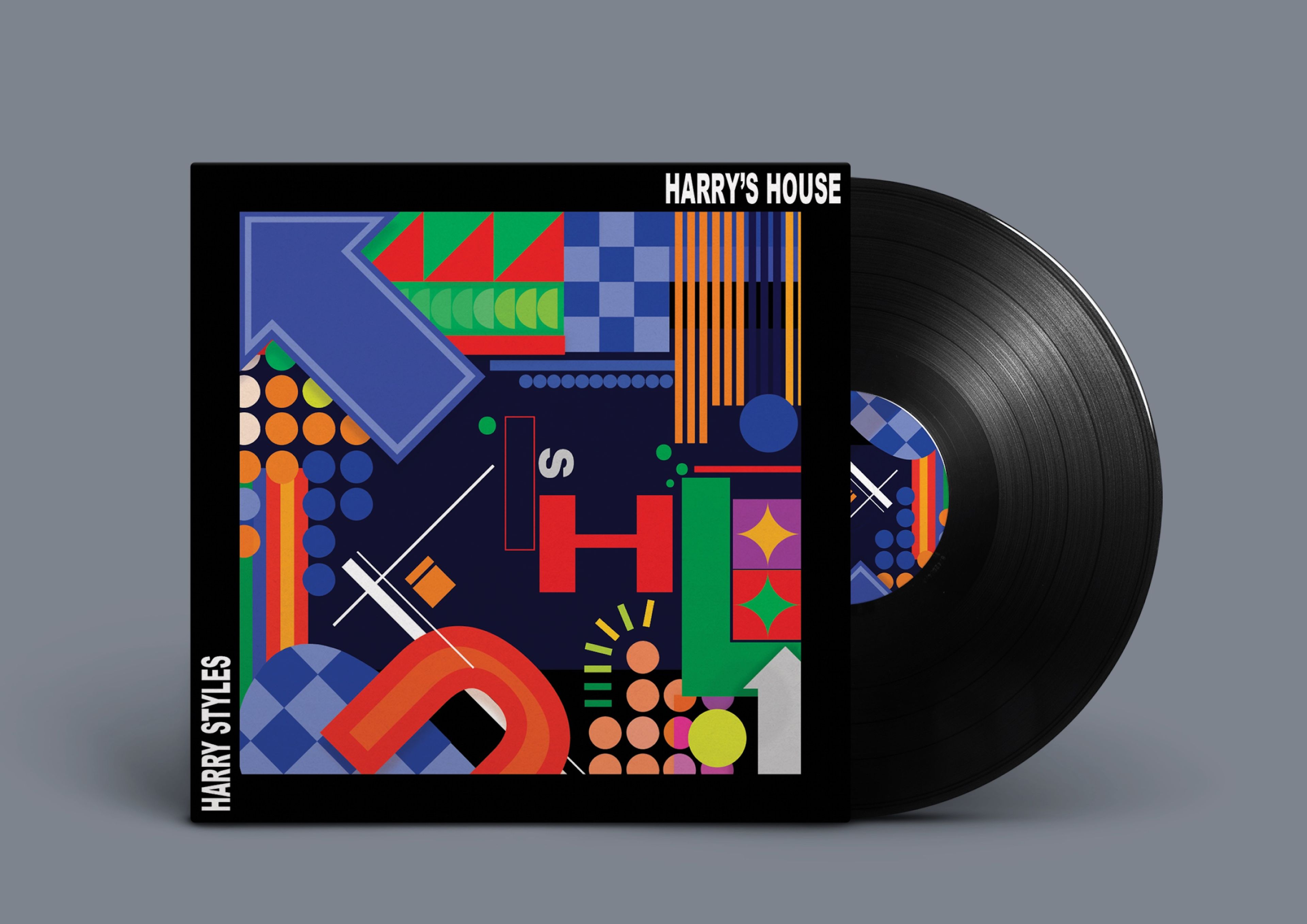 Album cover design for 'Harry's House' featuring geometric abstract composition with vibrant blocks of red, blue, green, and orange against navy background. Bold typographic treatment creates visual rhythm across vinyl packaging.