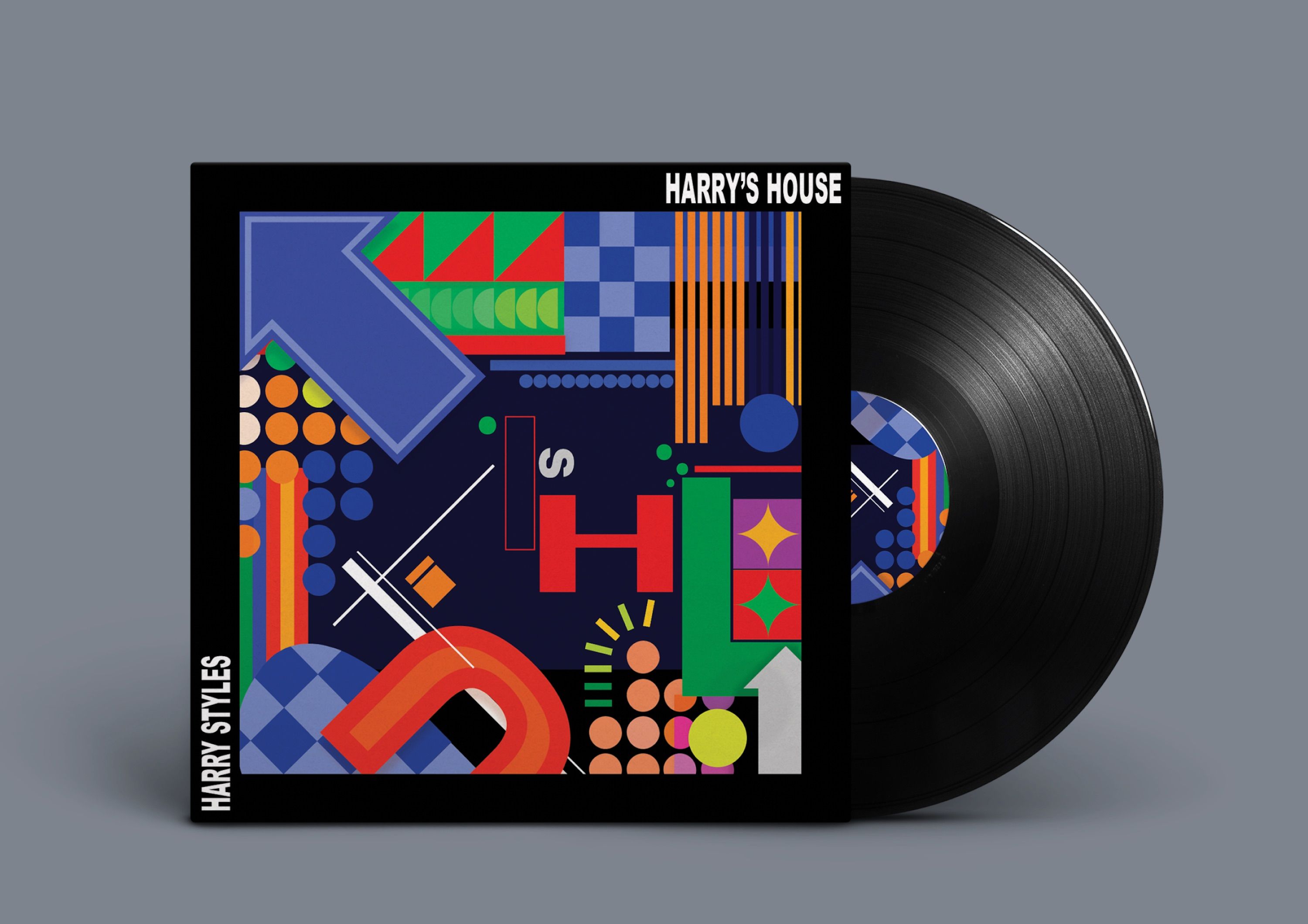Album cover design for 'Harry's House' featuring geometric abstract composition with vibrant blocks of red, blue, green, and orange against navy background. Bold typographic treatment creates visual rhythm across vinyl packaging.