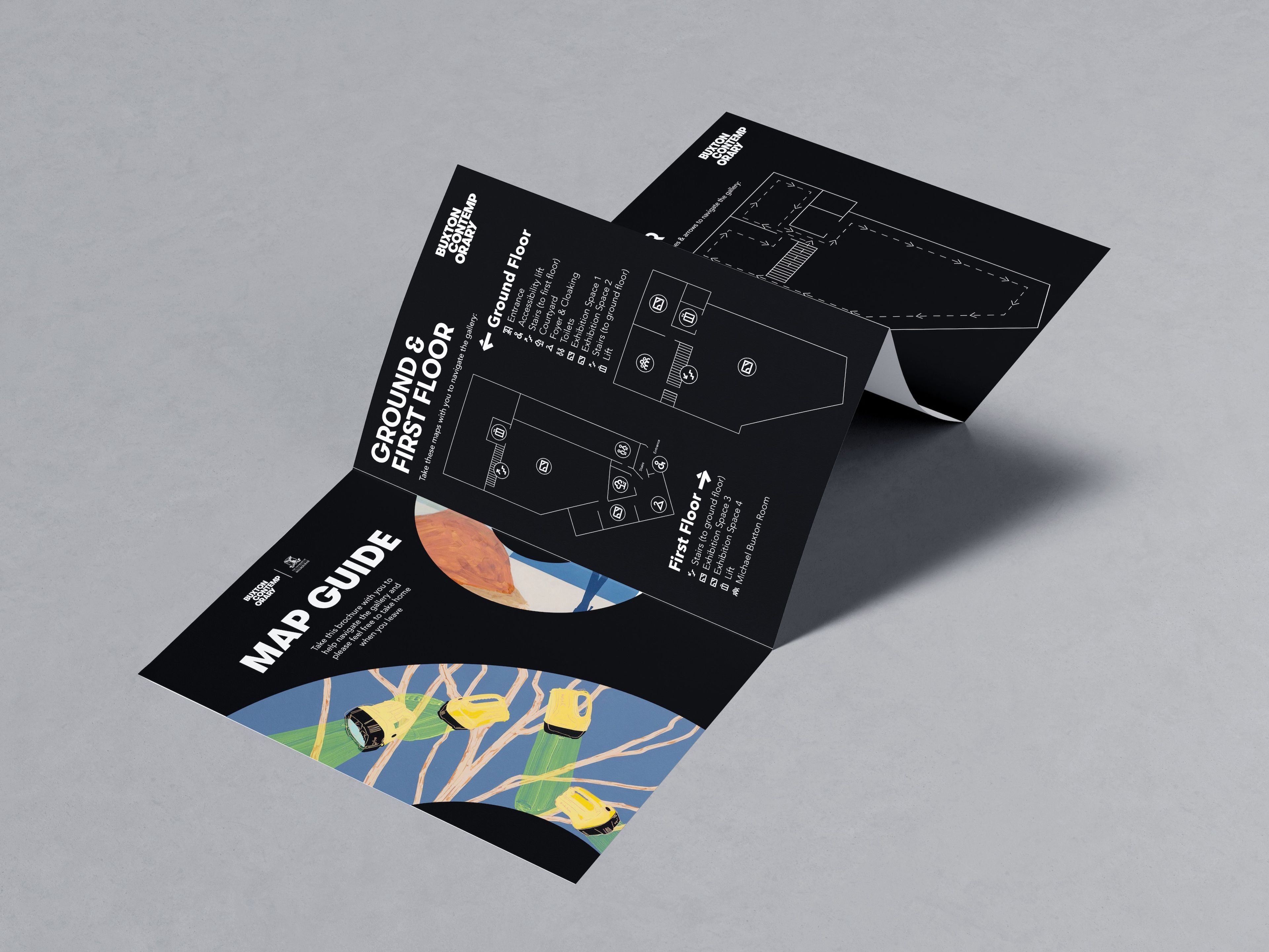 Folded brochure design for 'Map Guide,' featuring a black background with white floor plans of the ground and first floors. The front cover includes colourful map illustrations, with text indicating directions and highlighting points of interest within the space.