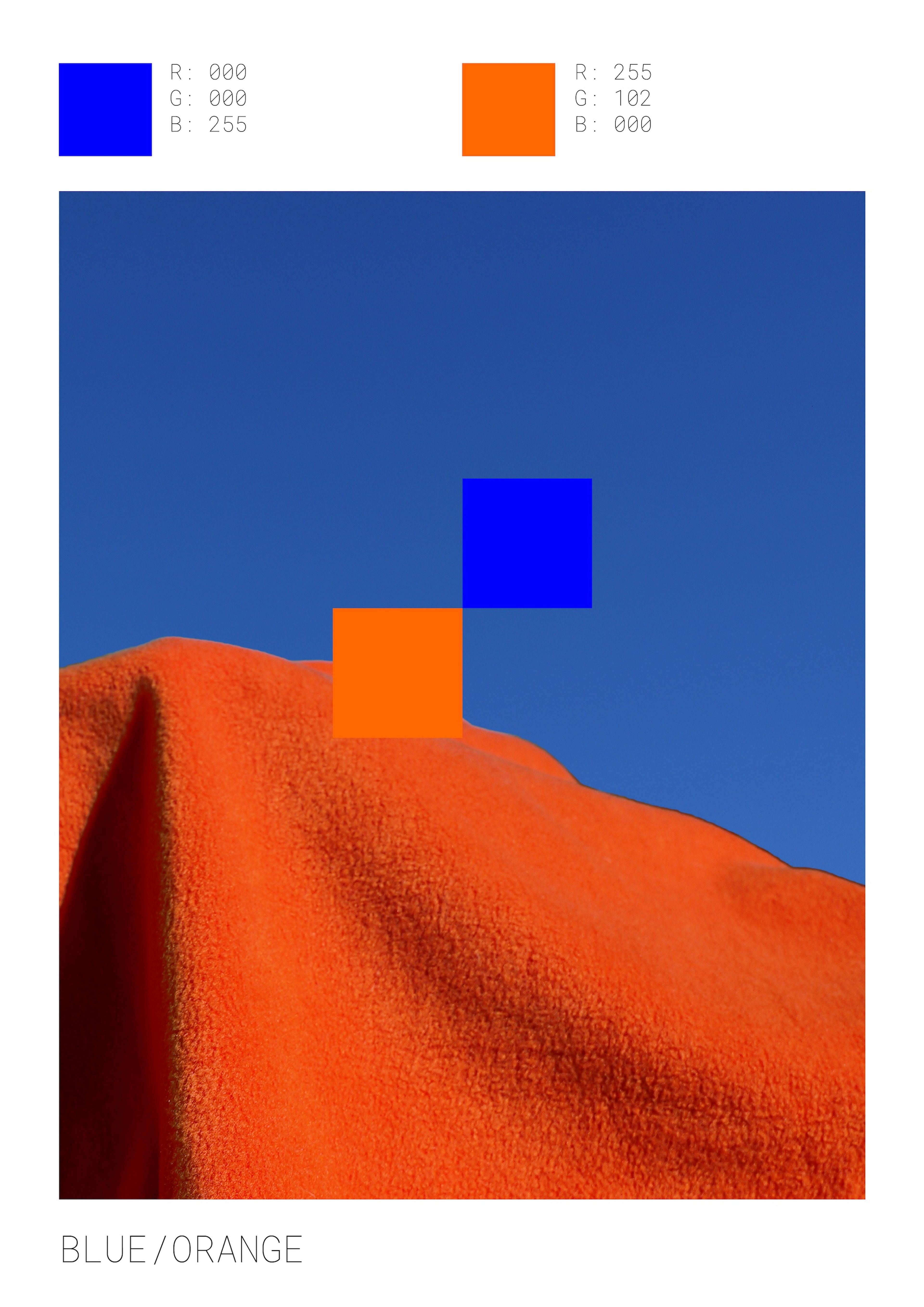 Colour swatch composition titled “BLUE / ORANGE” showing a bright blue sky and vibrant orange fabric in the foreground. Small colour blocks and their RGB values appear in the upper corners, illustrating the bold complementary colour contrast.