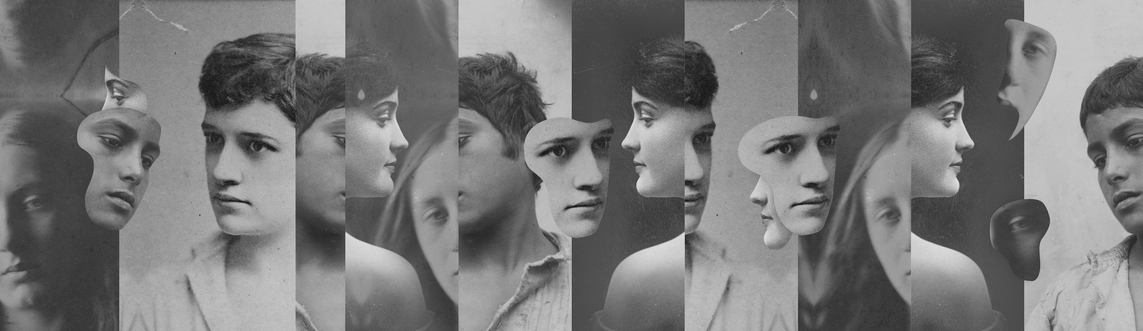 A black-and-white collage of historical portraits, with faces overlapping in layers to create surreal, composite images. This artwork explores identity and memory, blending features across multiple faces for a haunting effect.