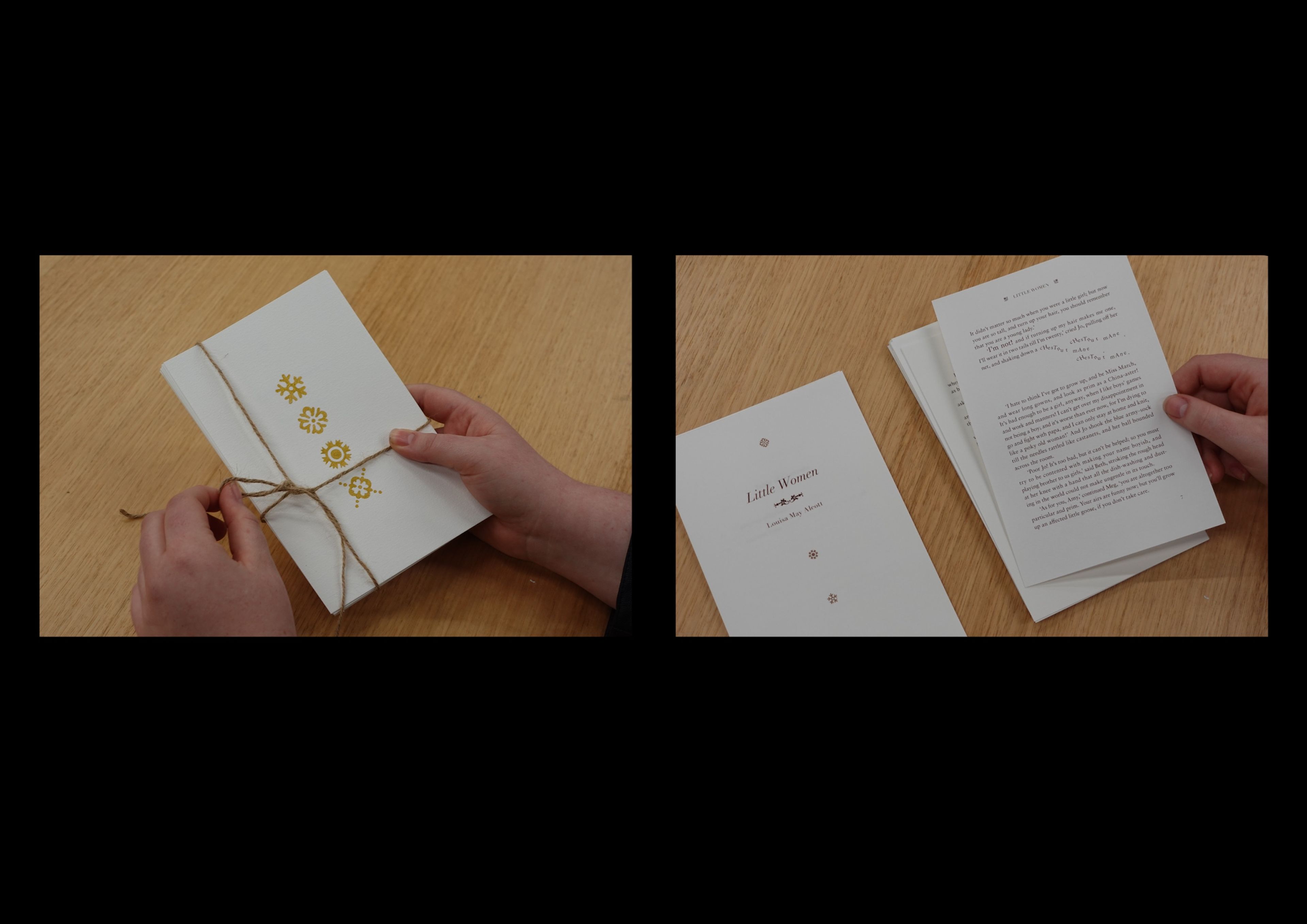 Delicate book design for 'Little Women' with minimal aesthetic. Features cream pages, gold foil snowflake motifs, and twine binding, capturing classic literary sophistication with modern simplicity