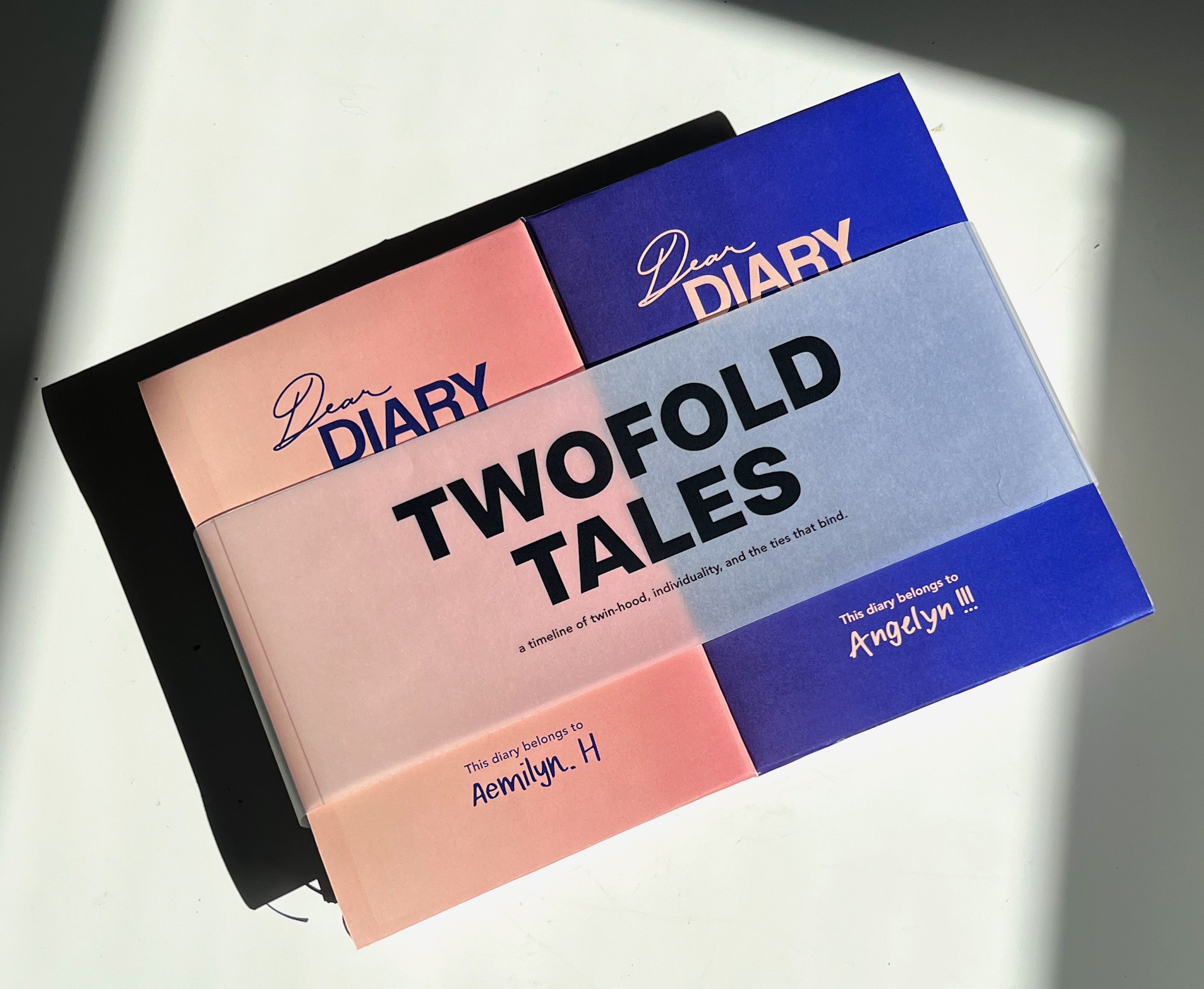 Cover design for 'Twofold Tales,' featuring two pastel diaries titled 'Dear Diary,' one in pink and the other in blue. The central band reads 'TWOFOLD TALES' with the subtitle, 'a timeline of twin-hood, individuality, and the ties that bind.'