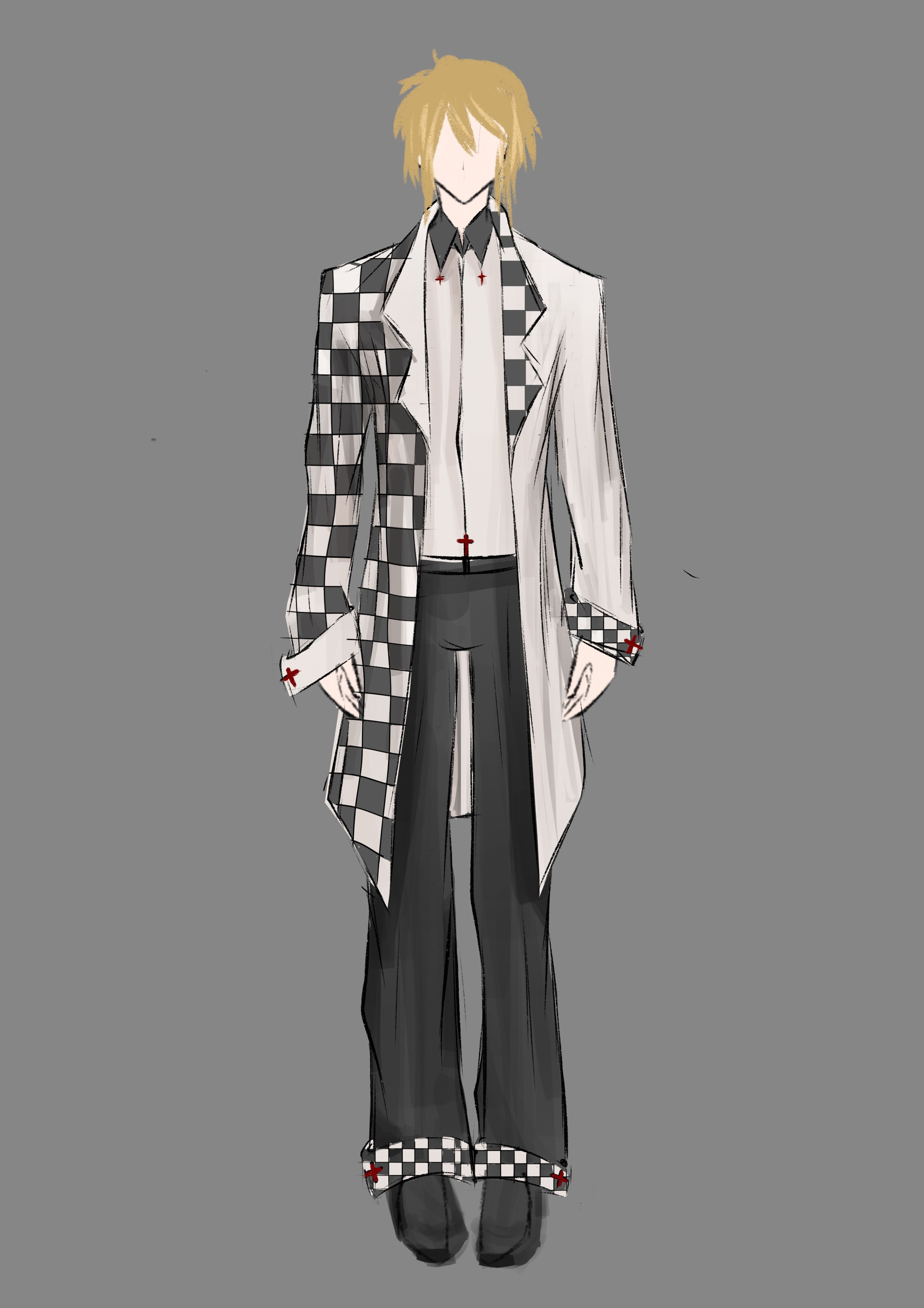 A costume design featuring a male figure wearing a half-checkered, half-solid white long coat. The coat extends over black pants