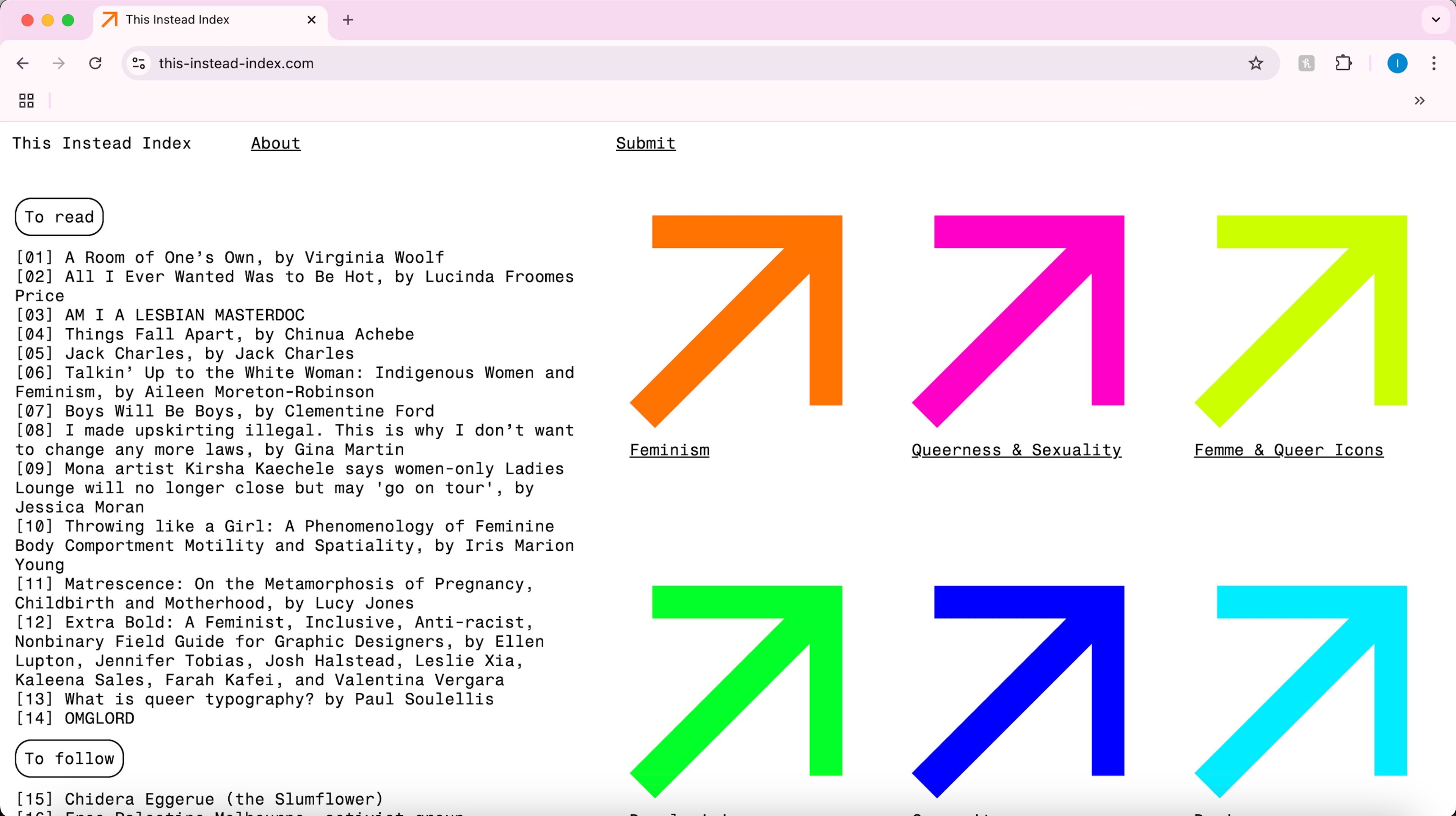 Screenshot of a website titled "This Instead Index" with a list of recommended readings, including "A Room of One's Own" and "AM I A LESBIAN MASTERDOC," displayed under the "To read" section. Brightly coloured arrows point to categories such as "Feminism" and "Queerness & Sexuality."