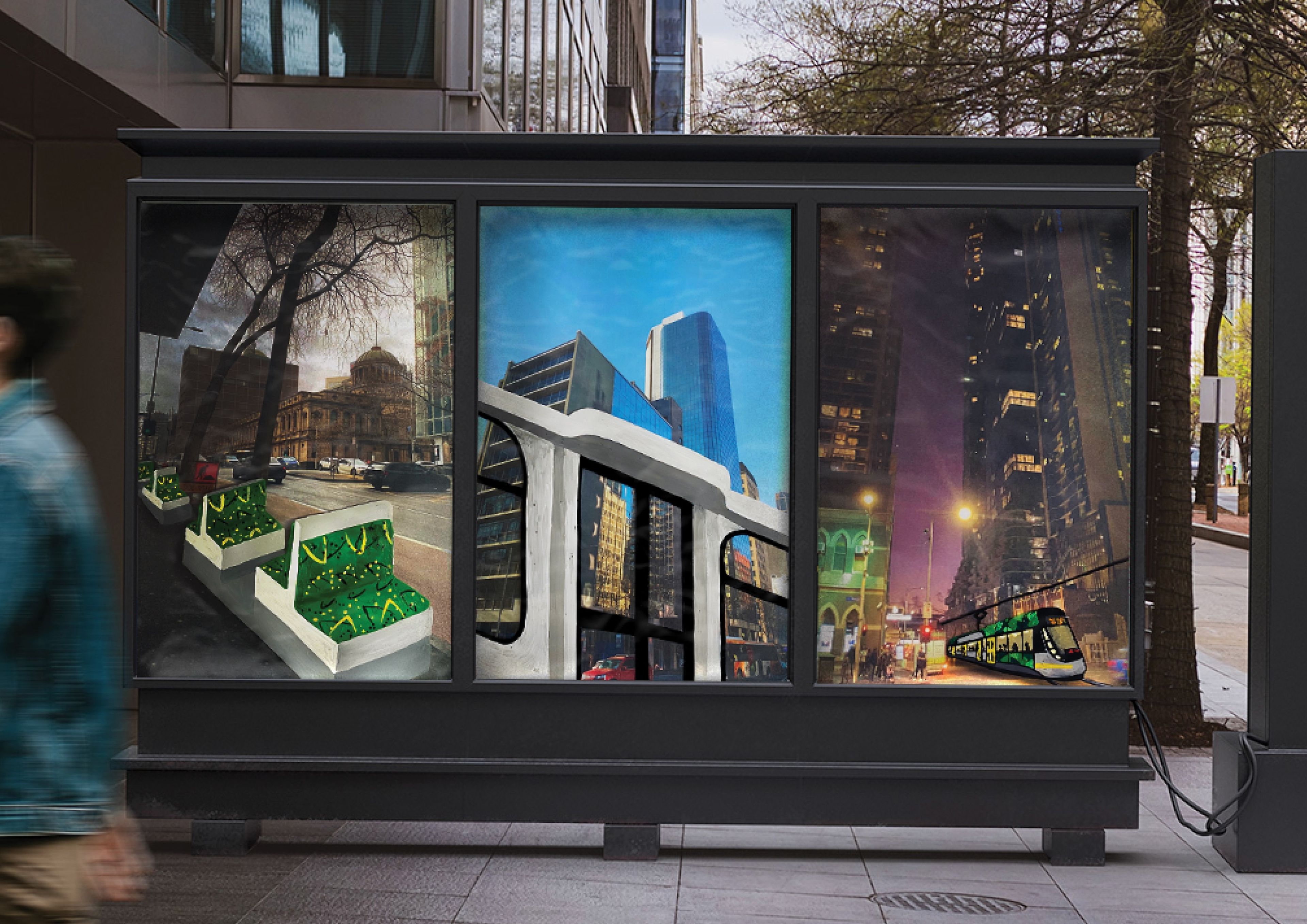 Trio of posters showcasing urban photography: morning cityscape with planters, midday architectural detail with monorail, and evening street scene with illuminated tram. Connected through consistent green accent elements.