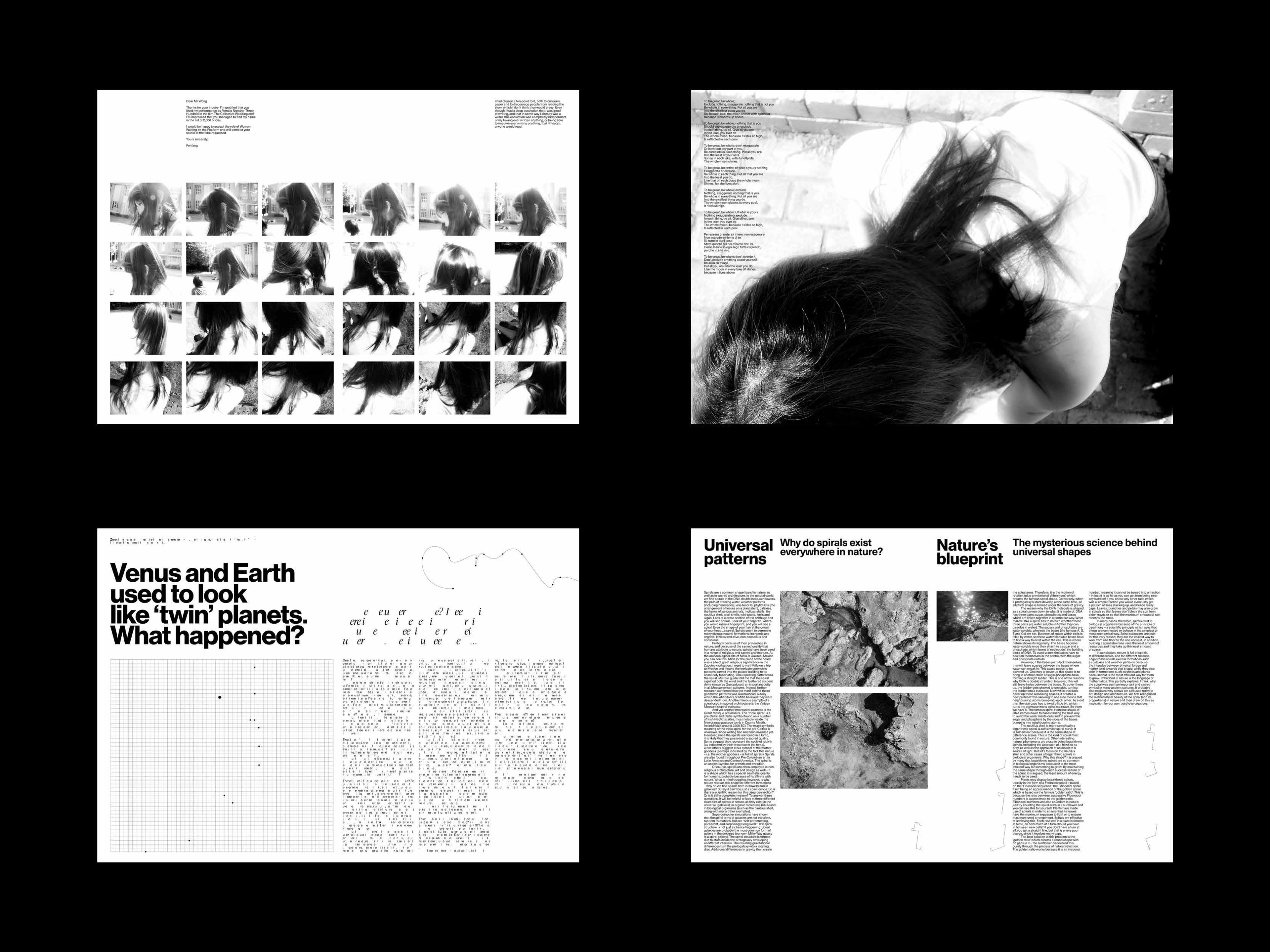 A layout of black-and-white designs showcasing grids of photographic sequences, articles, and abstract typographic elements