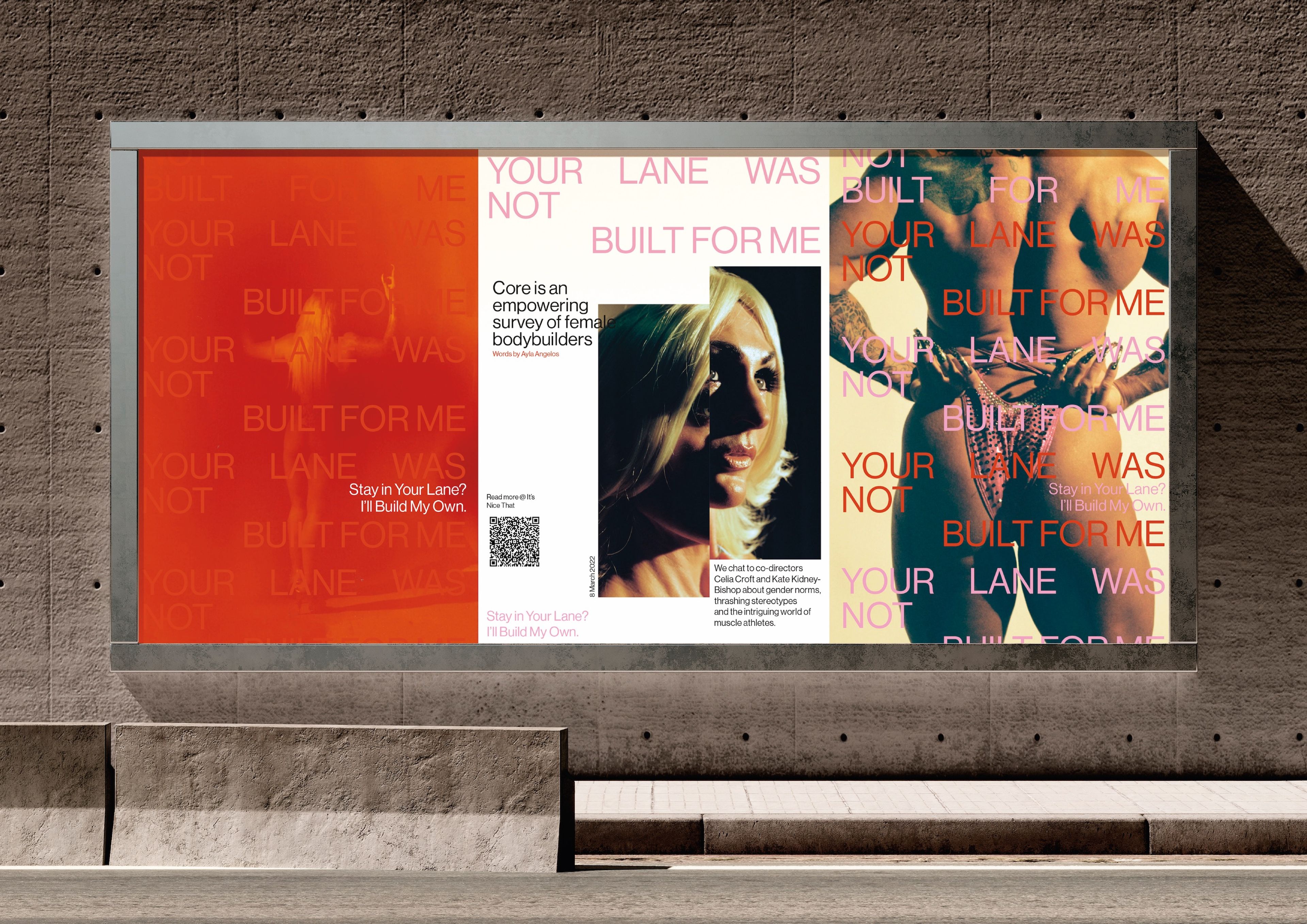 Billboard mockup displaying three posters from the series 'Your Lane Was Not Built For Me' on a concrete wall. The posters feature vibrant images of women overlaid with text exploring empowerment, gender norms, and identity.