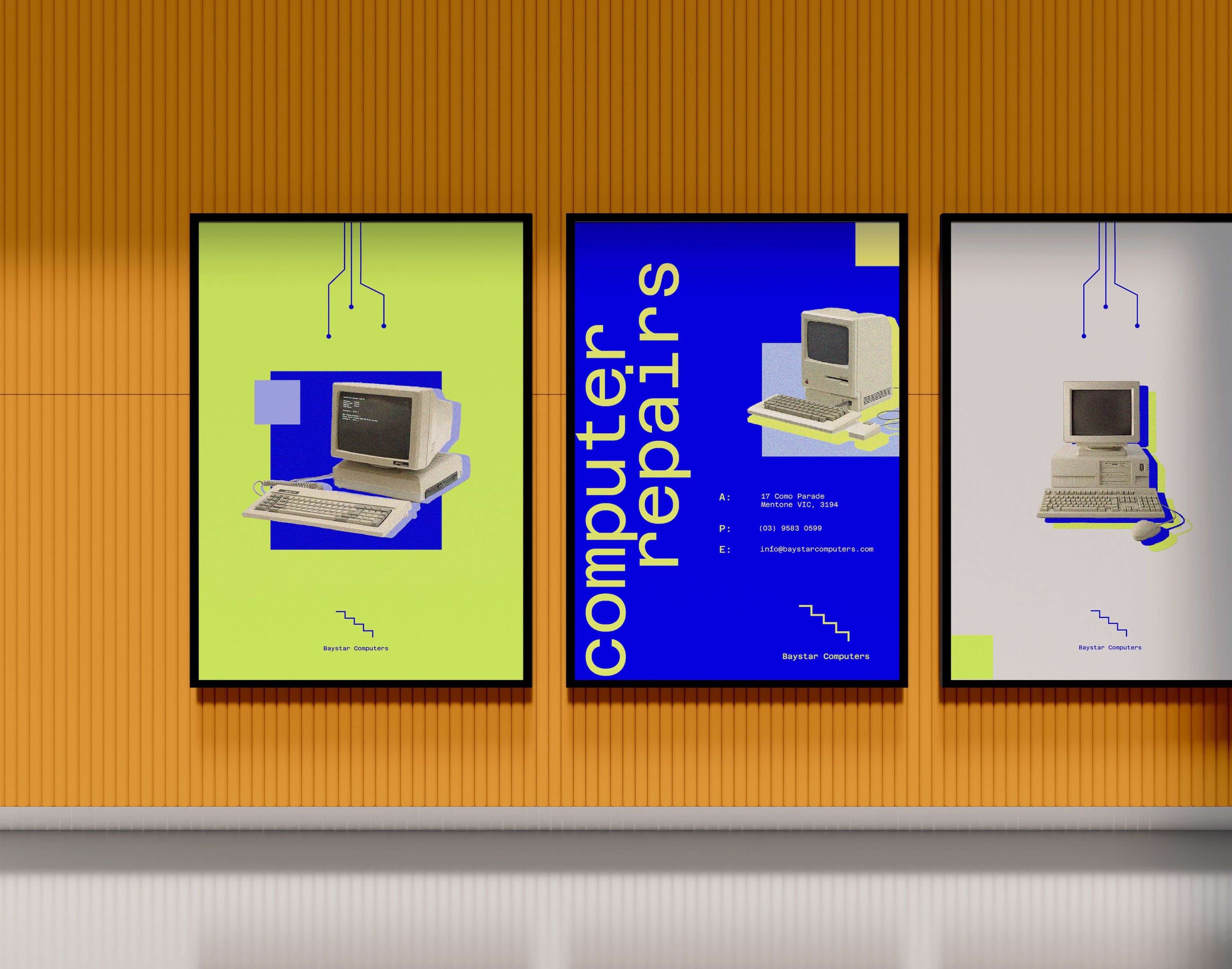 Trio of posters for Baystar Computers, showcasing retro computer graphics against vibrant backgrounds of lime green, blue, and white. Each poster emphasises a retro-futuristic design aesthetic with simplified lines and bold colors.