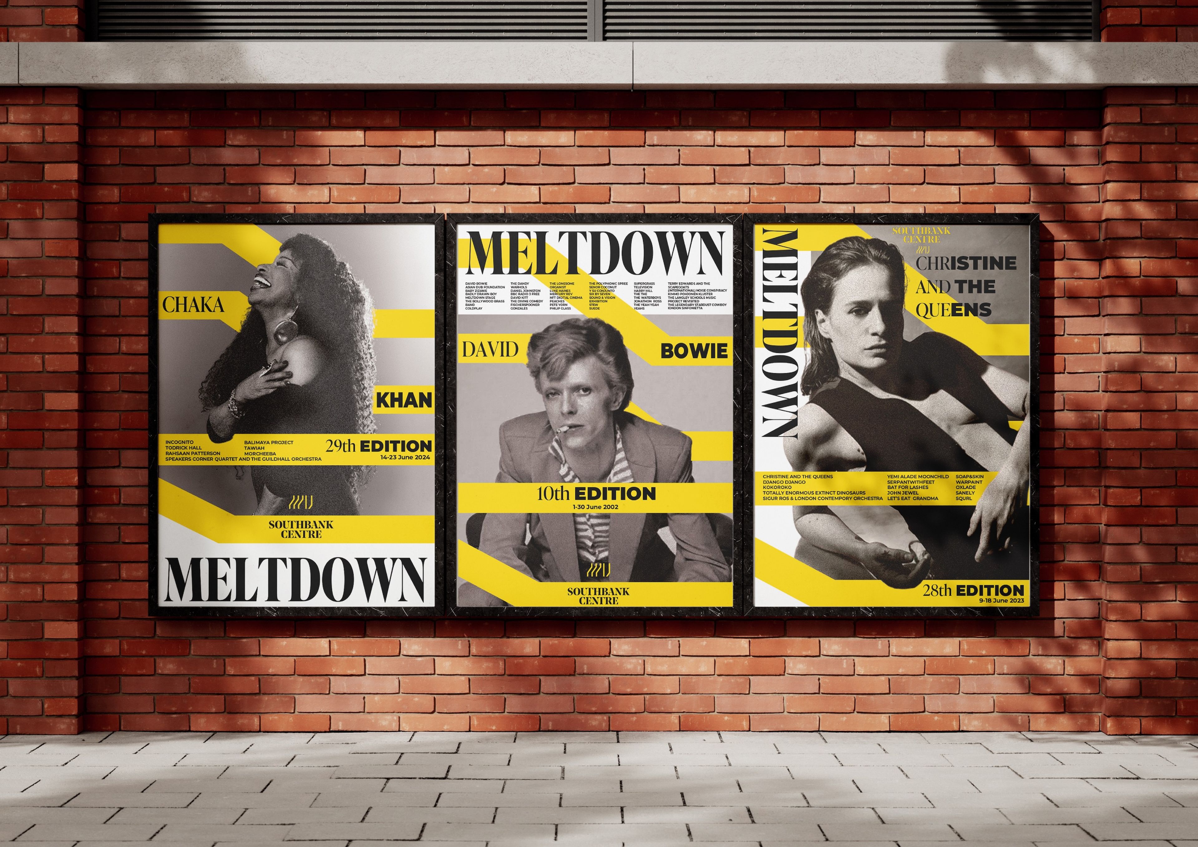 Three concert posters for 'Meltdown' festival at Southbank Centre mounted on red brick wall. Features black and white portraits with yellow geometric accents of Chaka Khan, David Bowie, and Christine and the Queens, advertising different editions of the event.