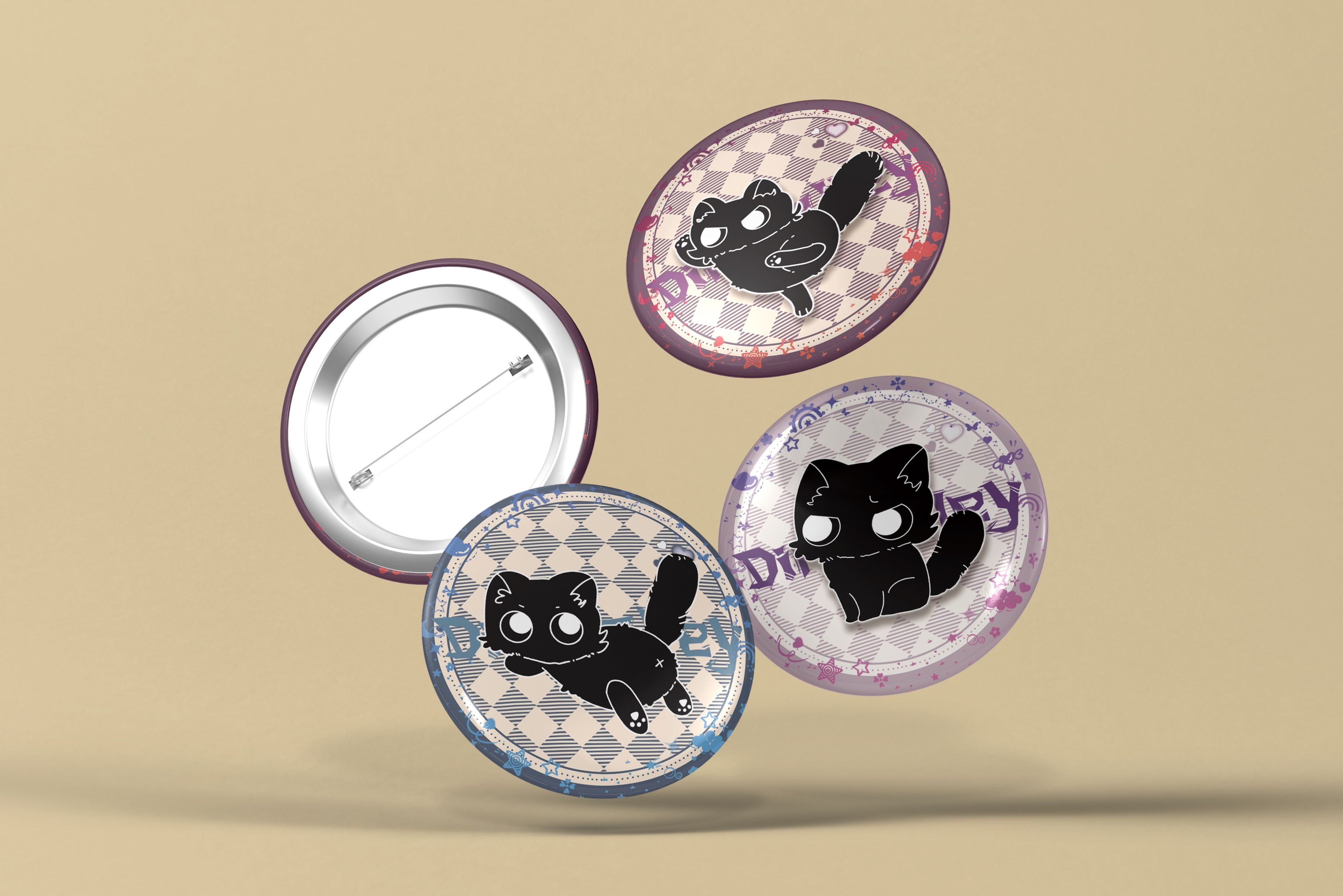 Product photography of decorative enamel pins featuring black cat character on checkered backgrounds. Three designs with different coloured borders float against neutral backdrop, showing front and back details.