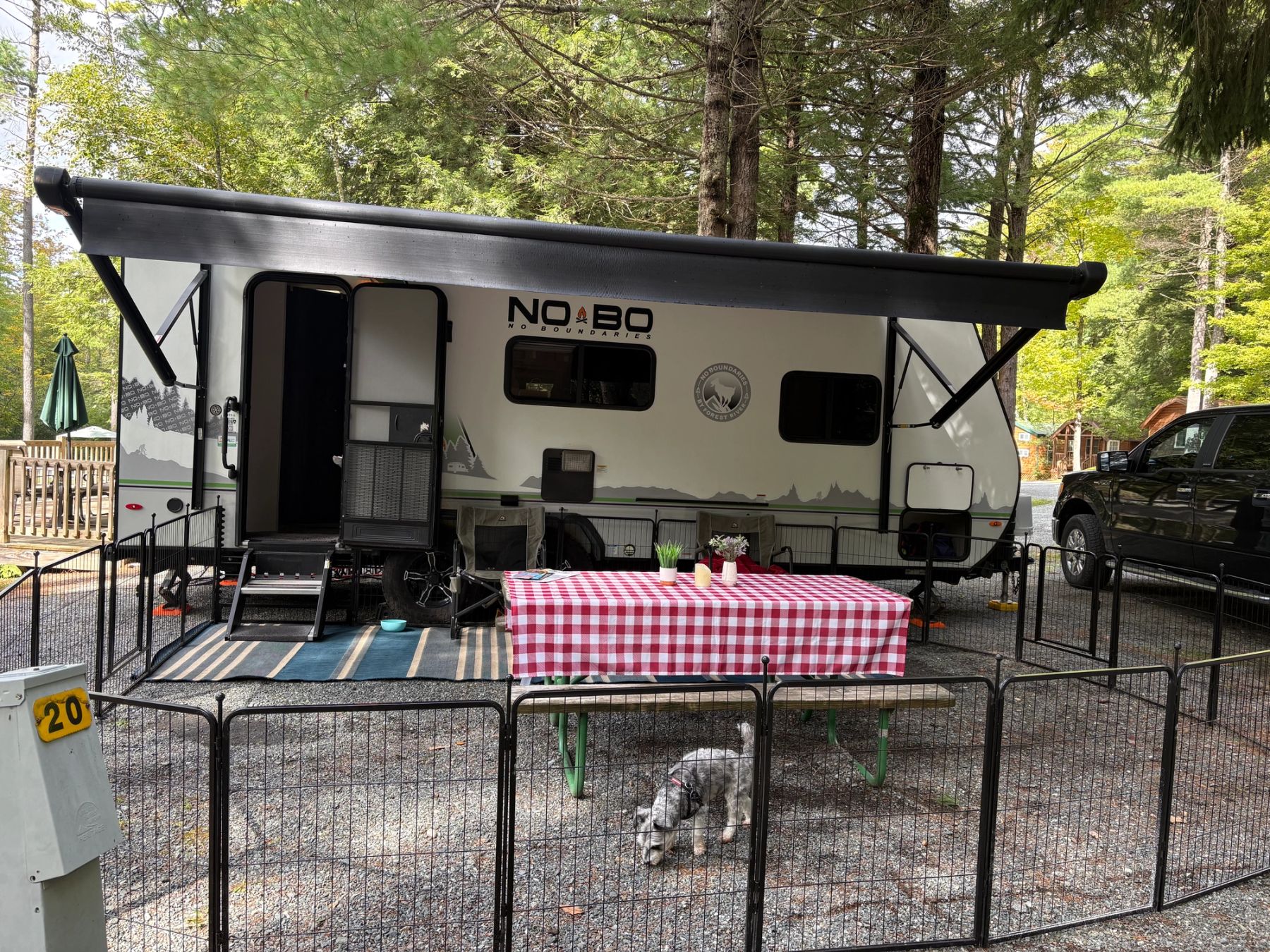 Beautiful campsite with evergreens and trees with fall colors