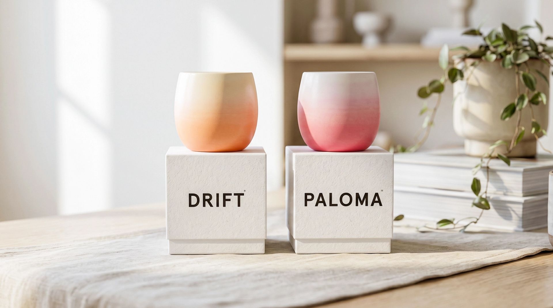 Two gradient-colored candles resting on top of white square boxes labeled "DRIFT" and "PALOMA" on a light wood table.