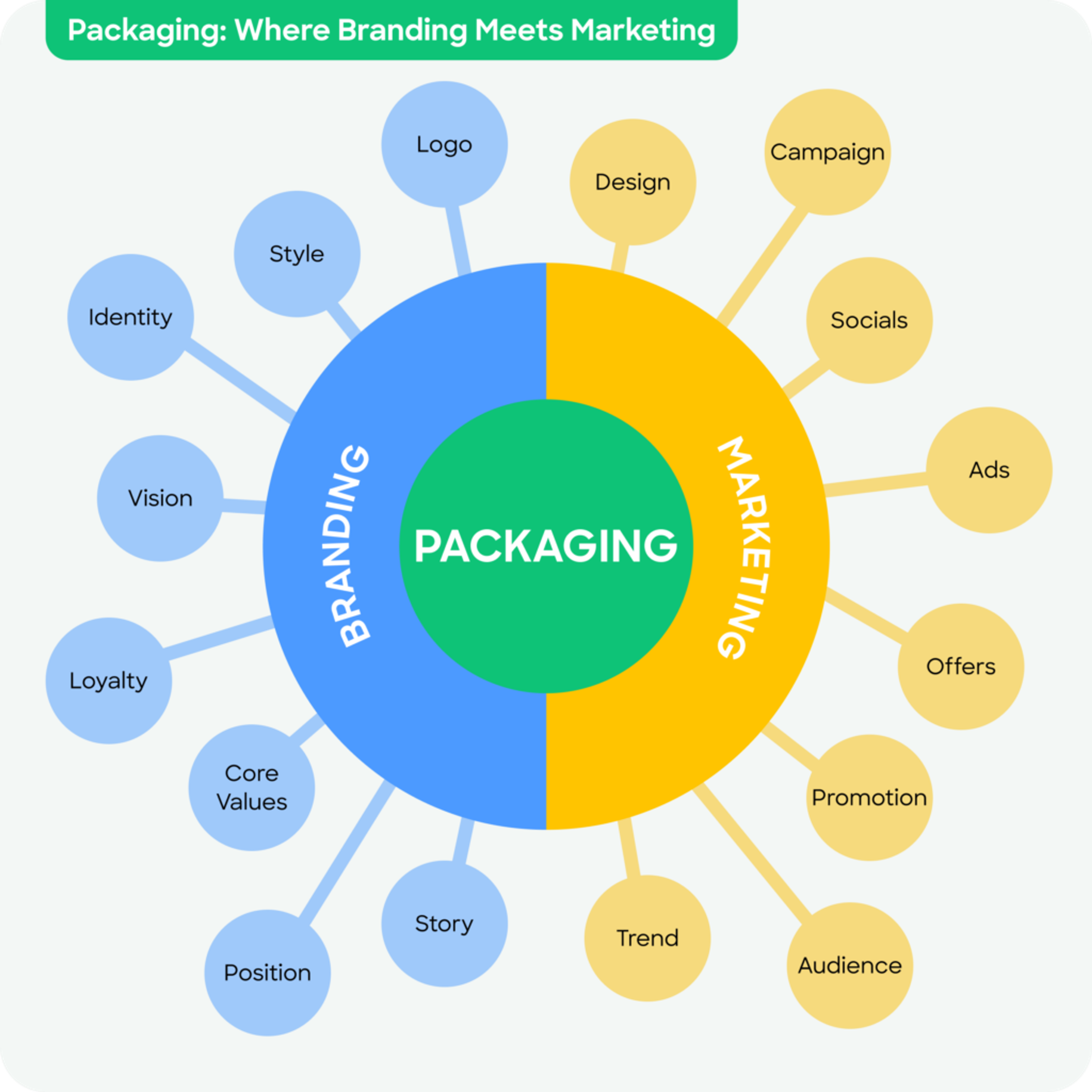 A graph illustrating packaging is a key intersection of branding and marketing strategies.