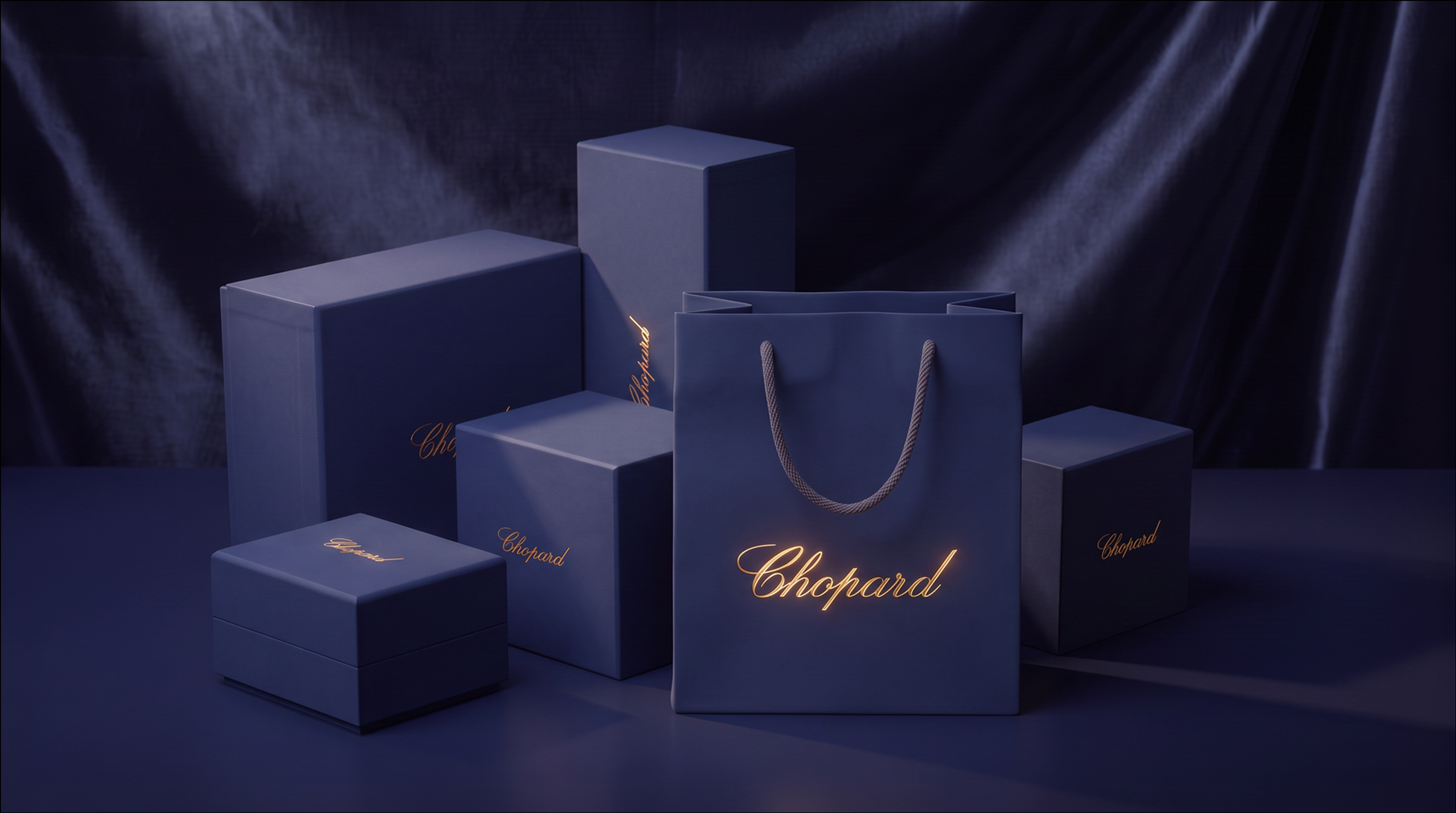Navy Chopard jewelry boxes and a shopping bag with gold lettering arranged on a dark draped background.