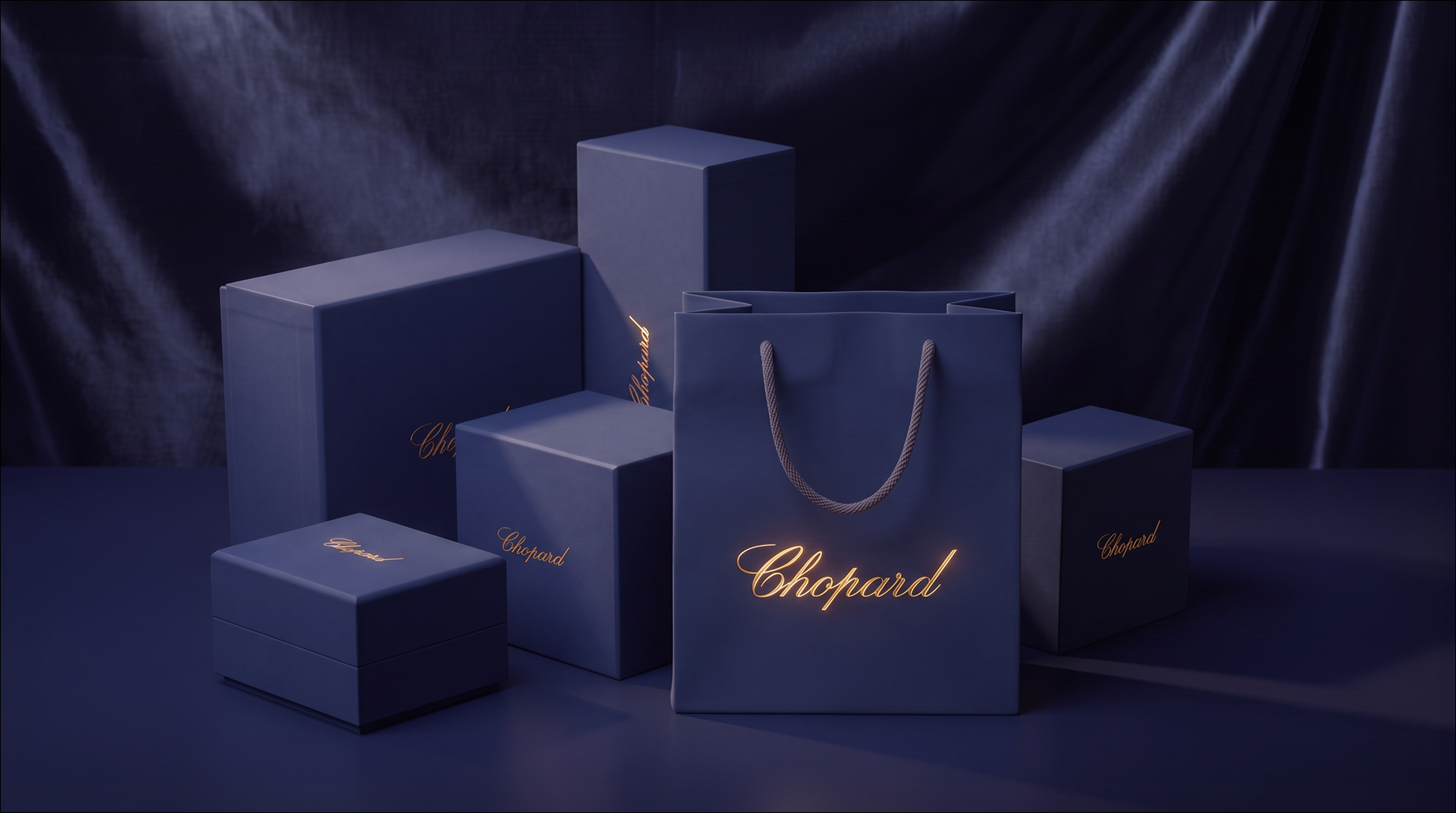 Navy Chopard jewelry boxes and a shopping bag with gold lettering arranged on a dark draped background.