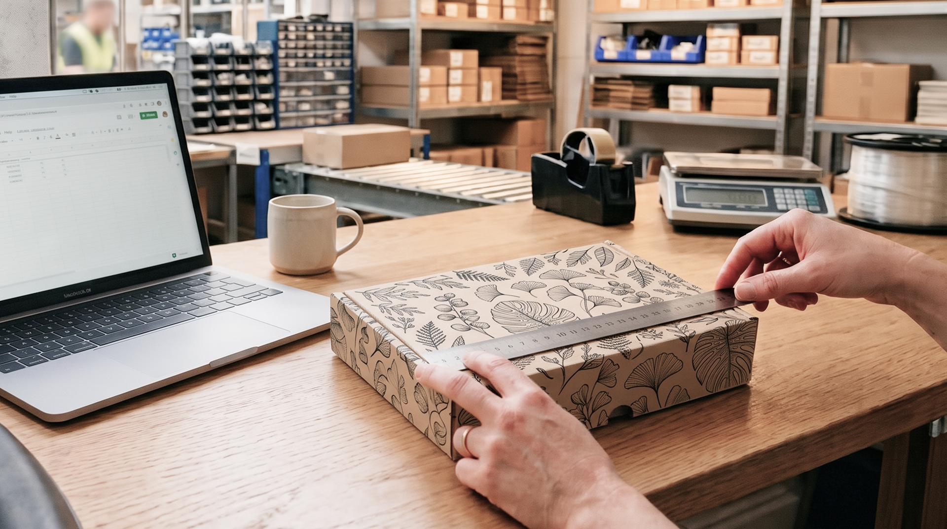 Hands measuring a printed mailer box with a steel ruler beside a laptop at a packing desk.