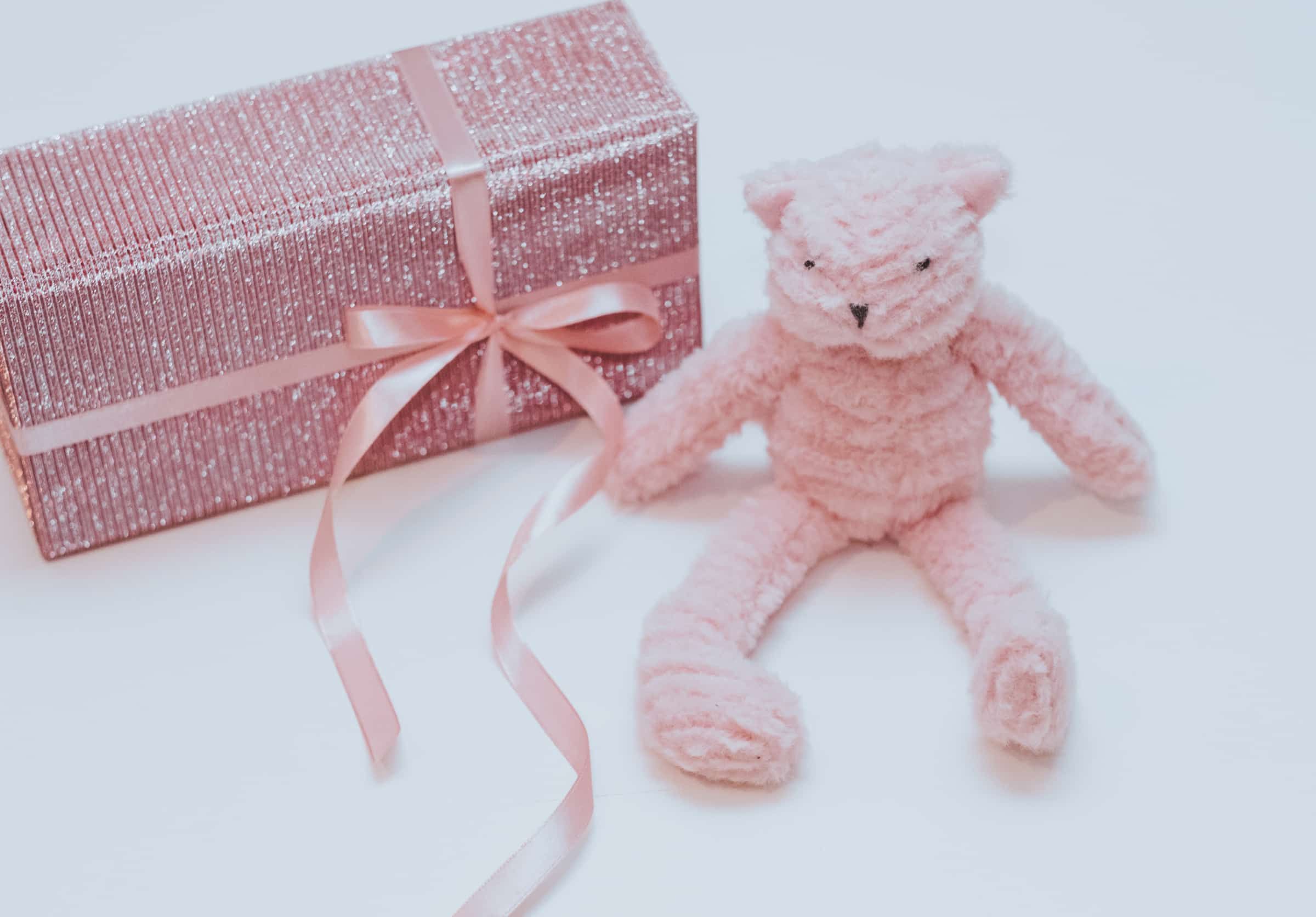pink plushie with pink glitter box