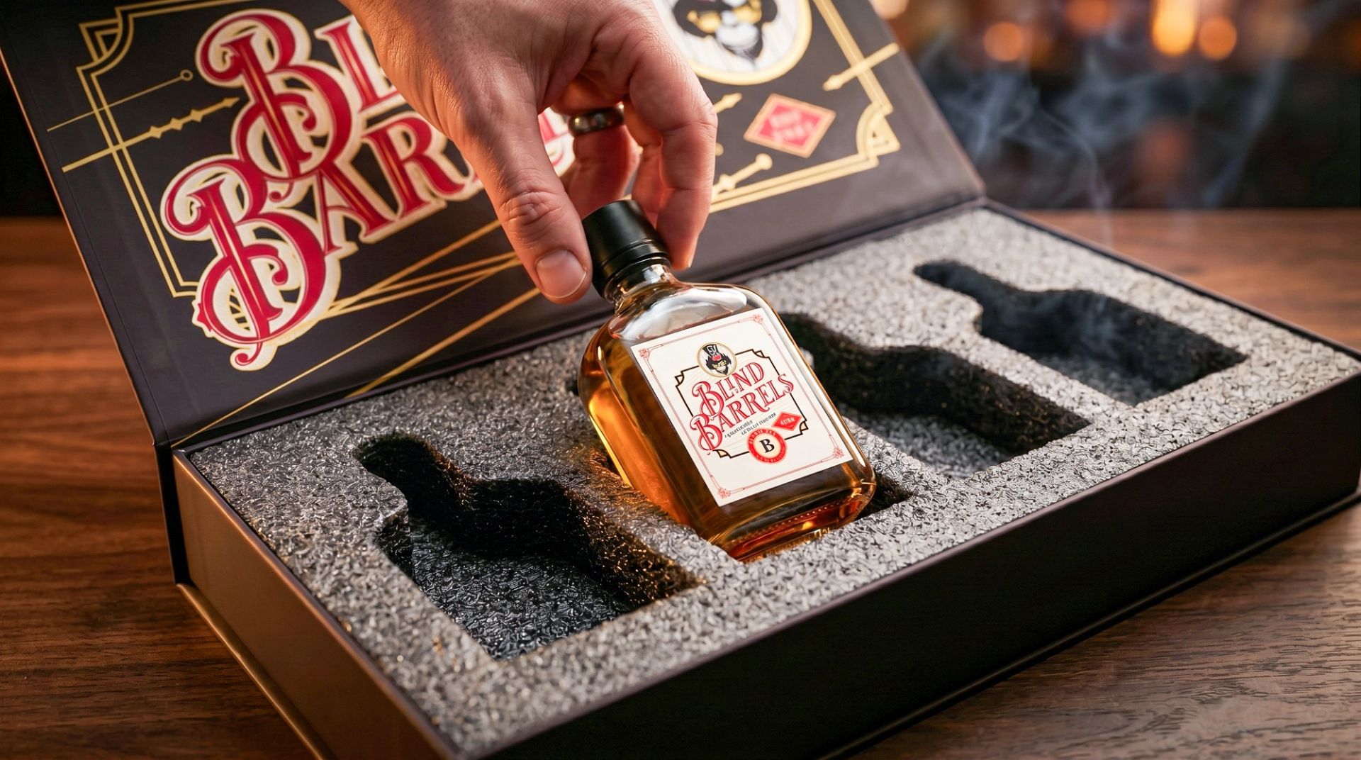 Close-up of a hand lifting a whiskey sample bottle out of a fitted black EPE foam packaging insert.