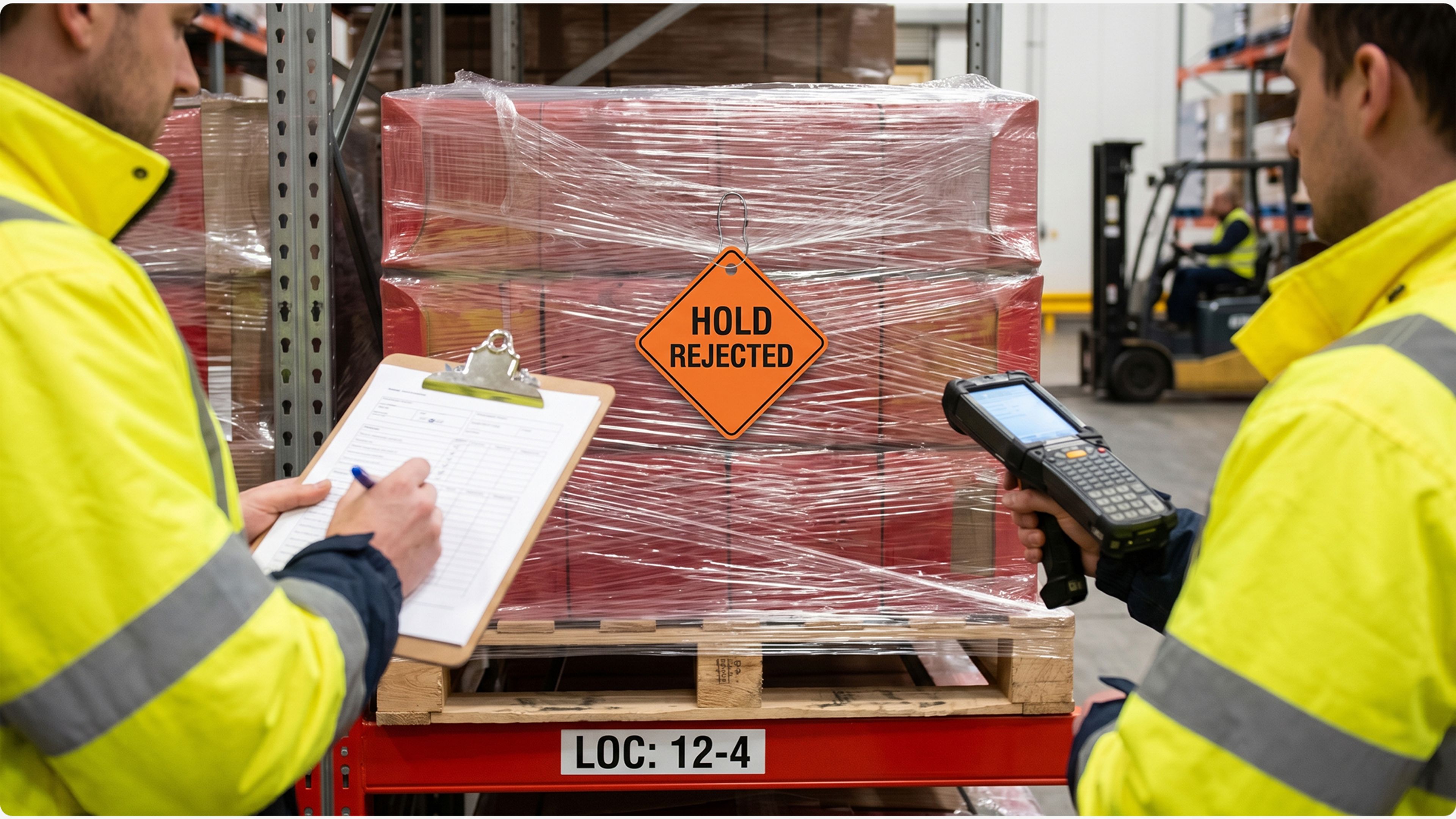 Two warehouse workers inspecting a shrink-wrapped pallet tagged HOLD REJECTED.