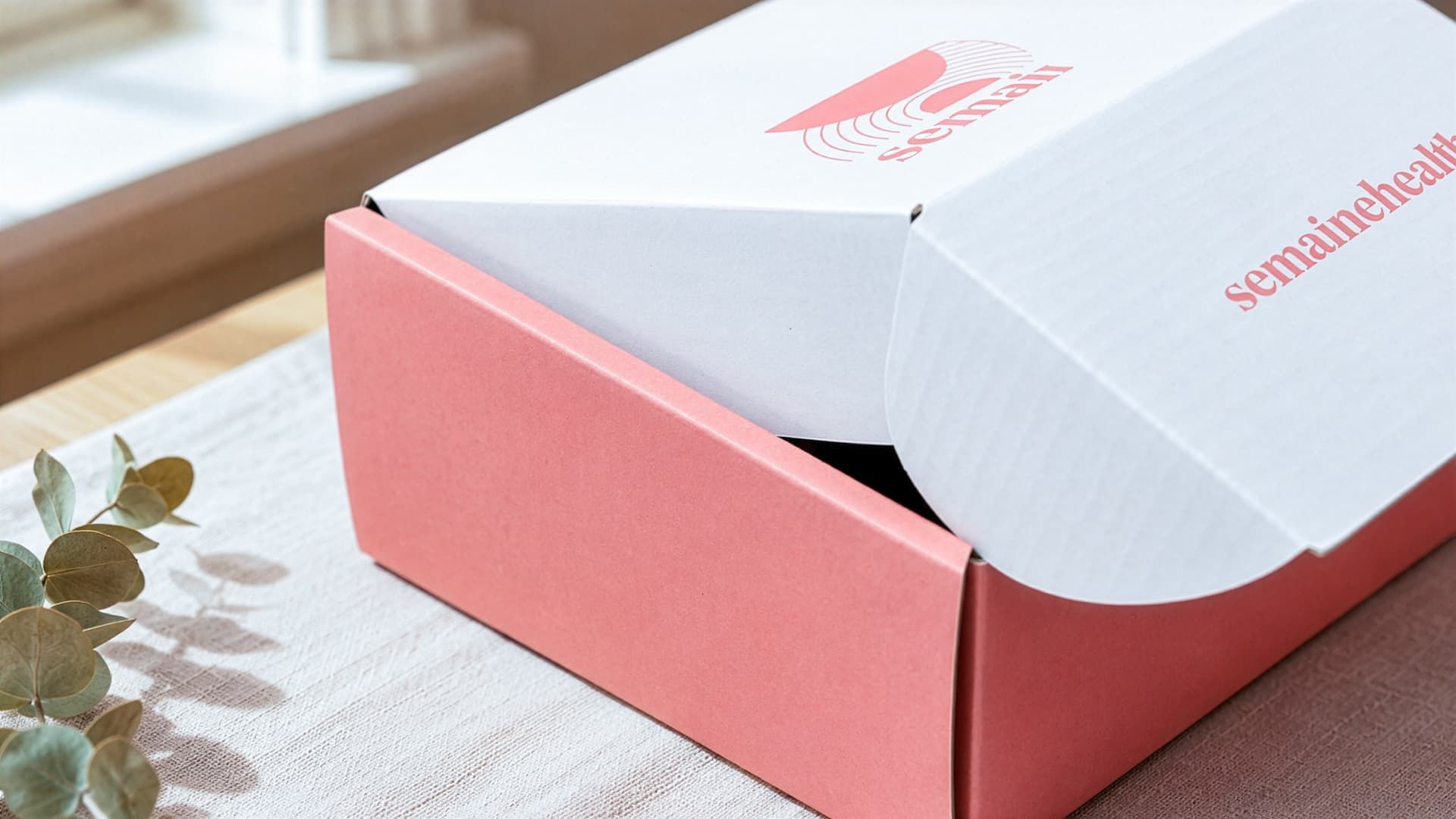 Close-up of a partially closed Semaine box, showcasing the white top lid with a coral pink logo and side panels.